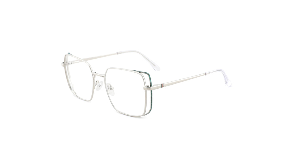 A pair of semi-rimless square eyeglasses with a thin silver metal frame and clear lenses, shown against a plain white background.