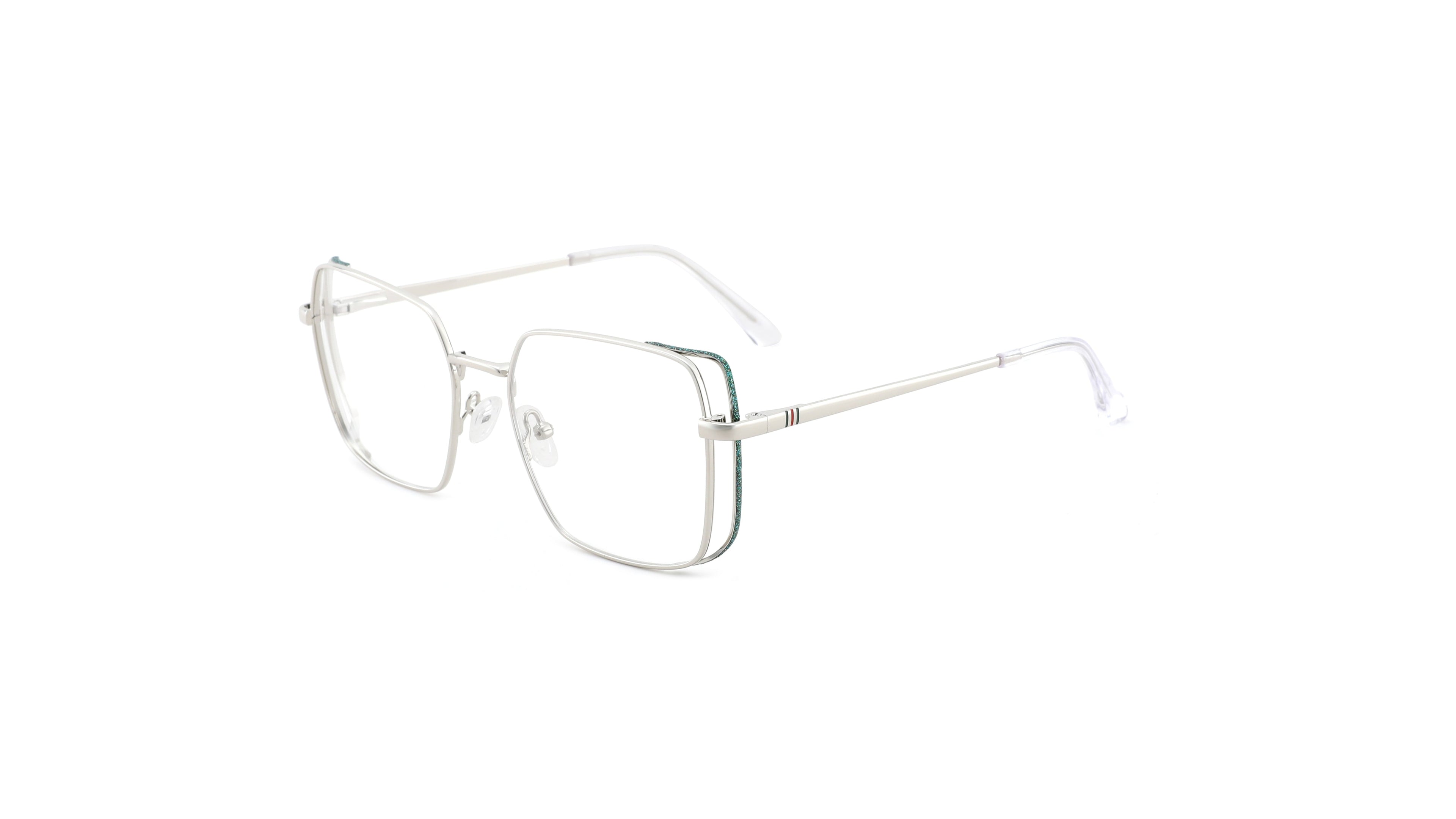 A pair of semi-rimless square eyeglasses with a thin silver metal frame and clear lenses, shown against a plain white background.