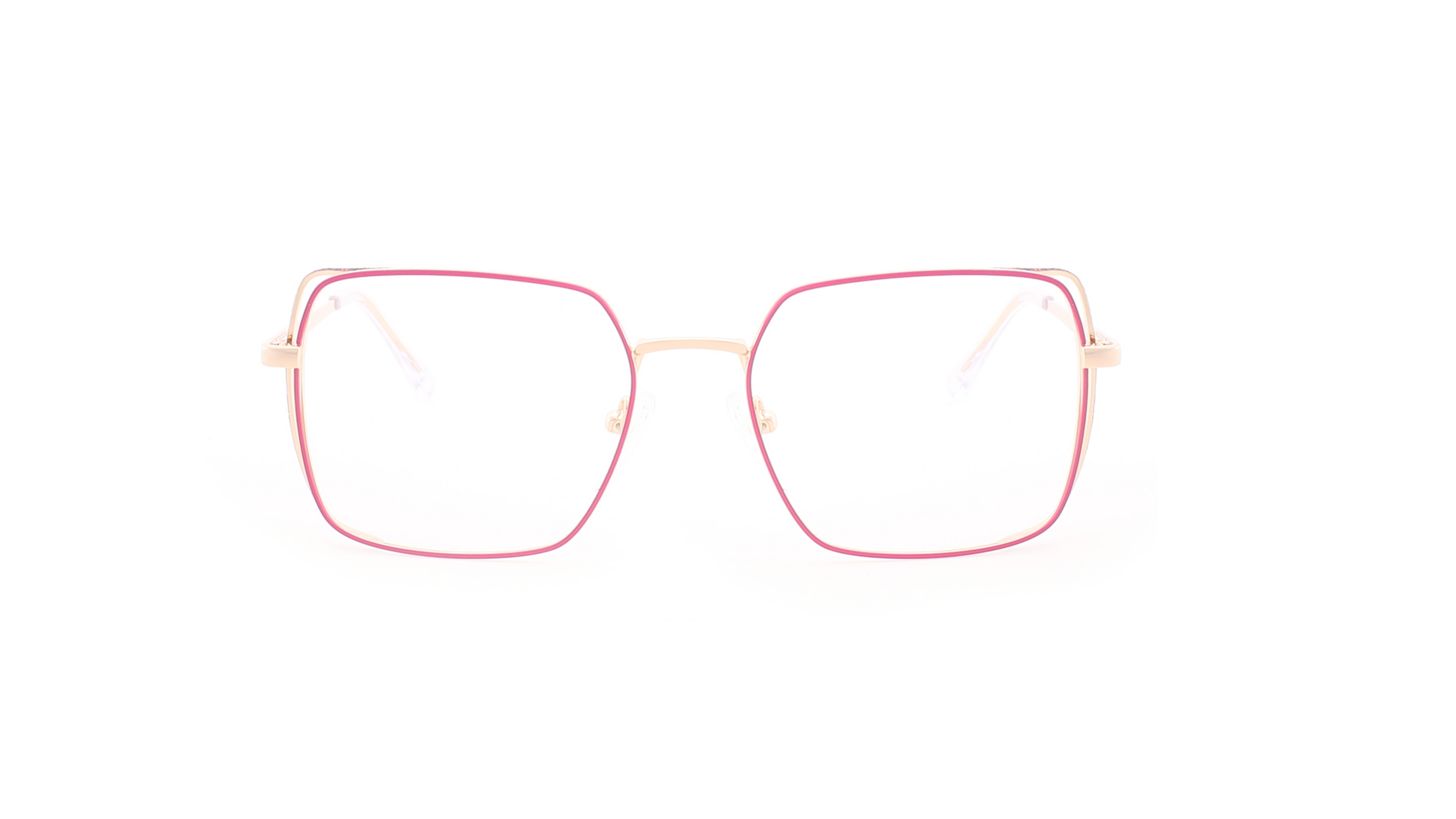 A pair of square metal eyeglass frames with a thin pink outer rim and a gold inner frame, shown against a solid white background.