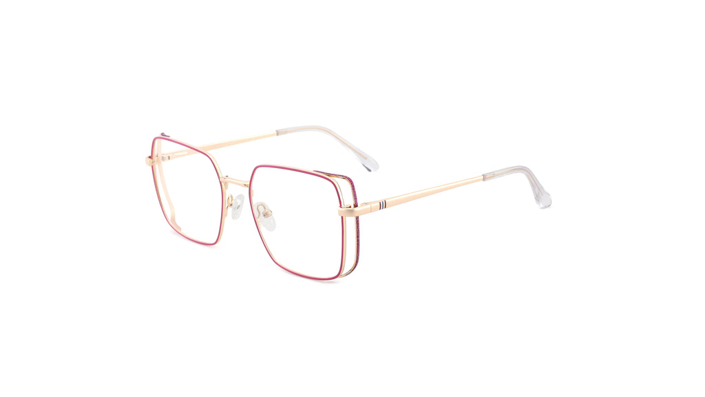 A pair of square metal eyeglass frames with a double border design, featuring a rose gold outer frame and a gold inner frame, shown on a plain white background.