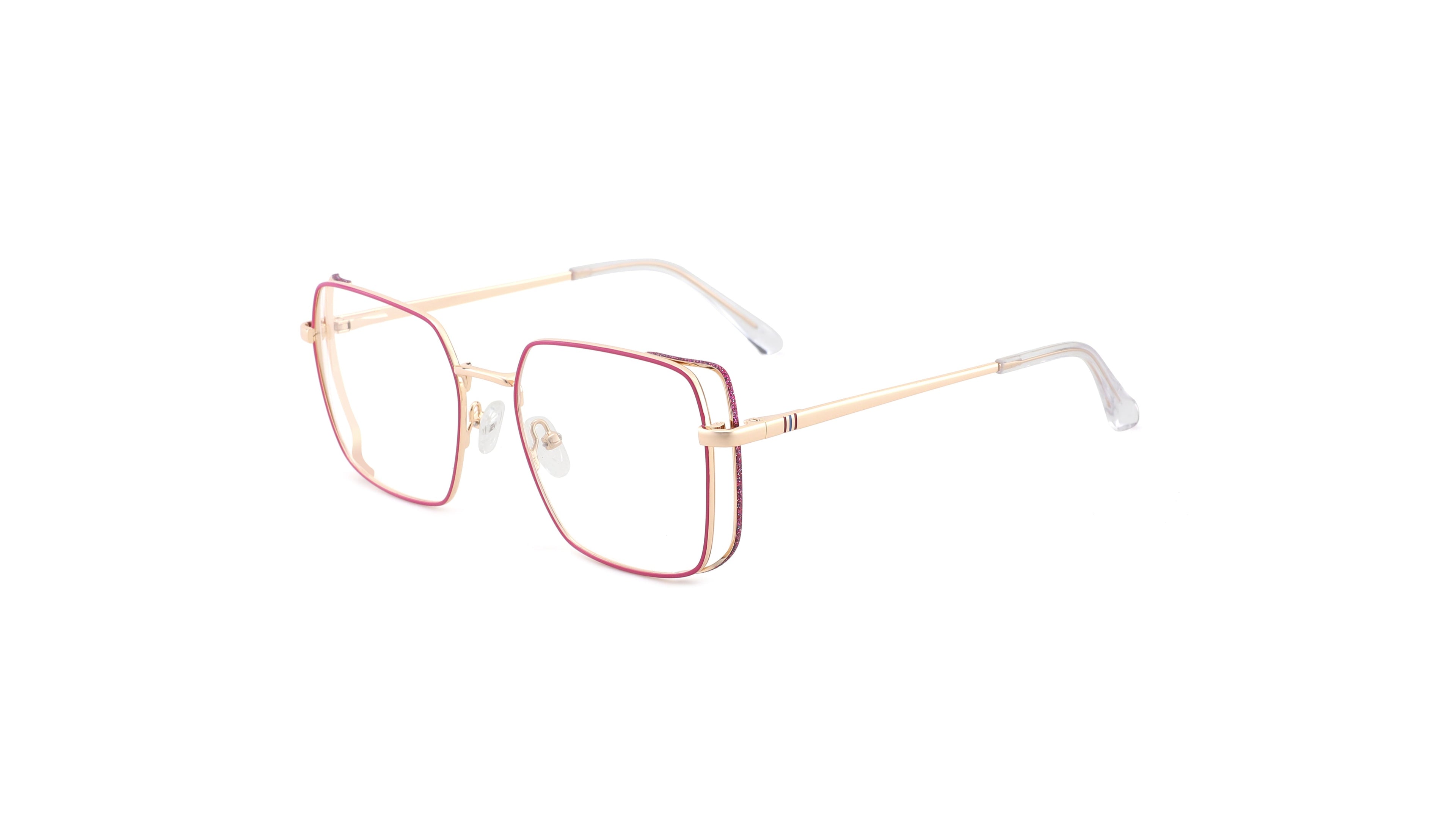 A pair of square metal eyeglass frames with a double border design, featuring a rose gold outer frame and a gold inner frame, shown on a plain white background.