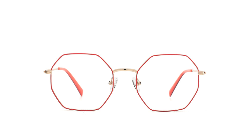 Hexagonal eyeglasses with a thin red metal frame and gold-toned bridge and hinge details, shown against a plain white background.