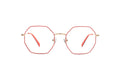 Hexagonal eyeglasses with a thin red metal frame and gold-toned bridge and hinge details, shown against a plain white background.