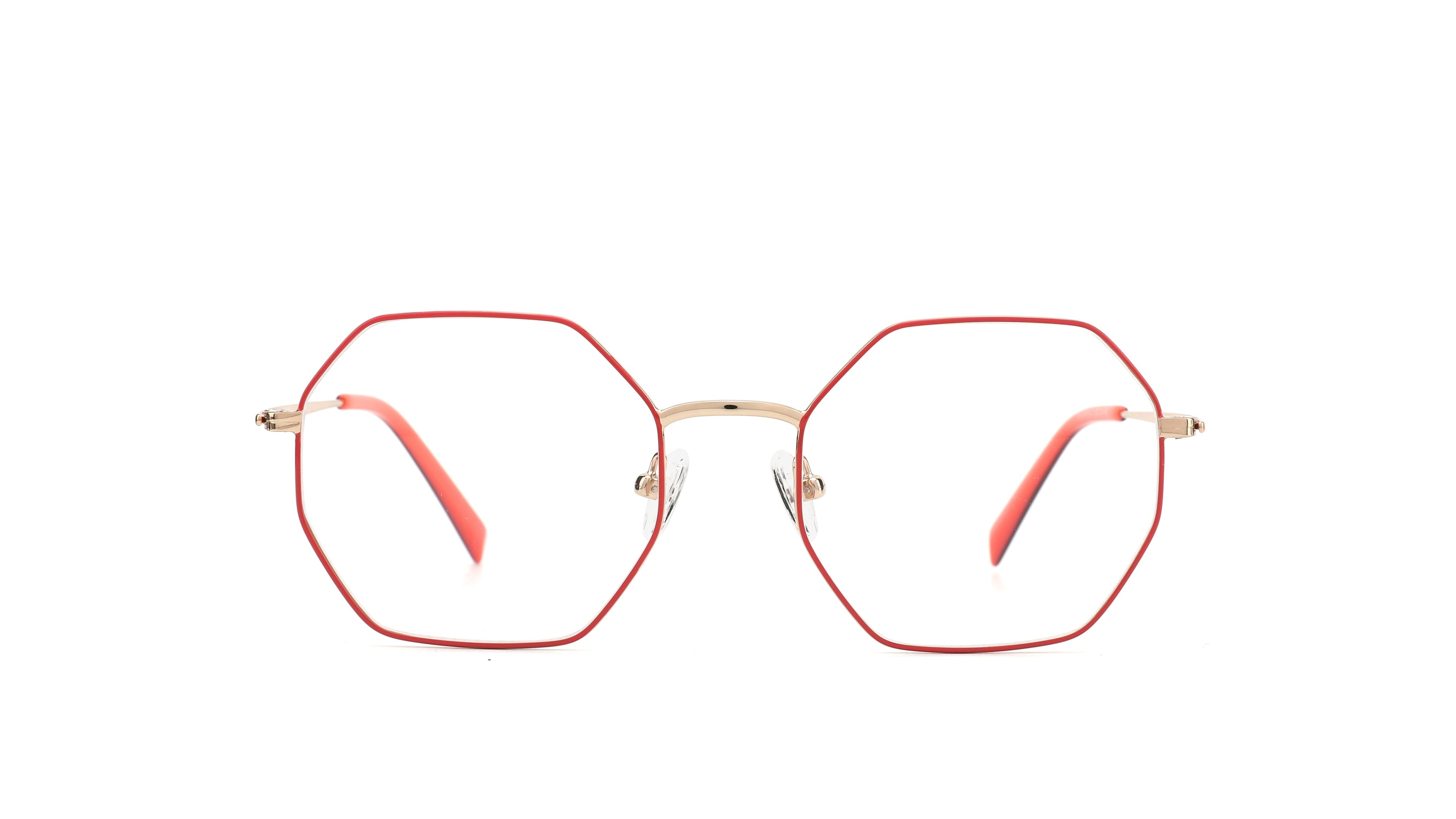Hexagonal eyeglasses with a thin red metal frame and gold-toned bridge and hinge details, shown against a plain white background.
