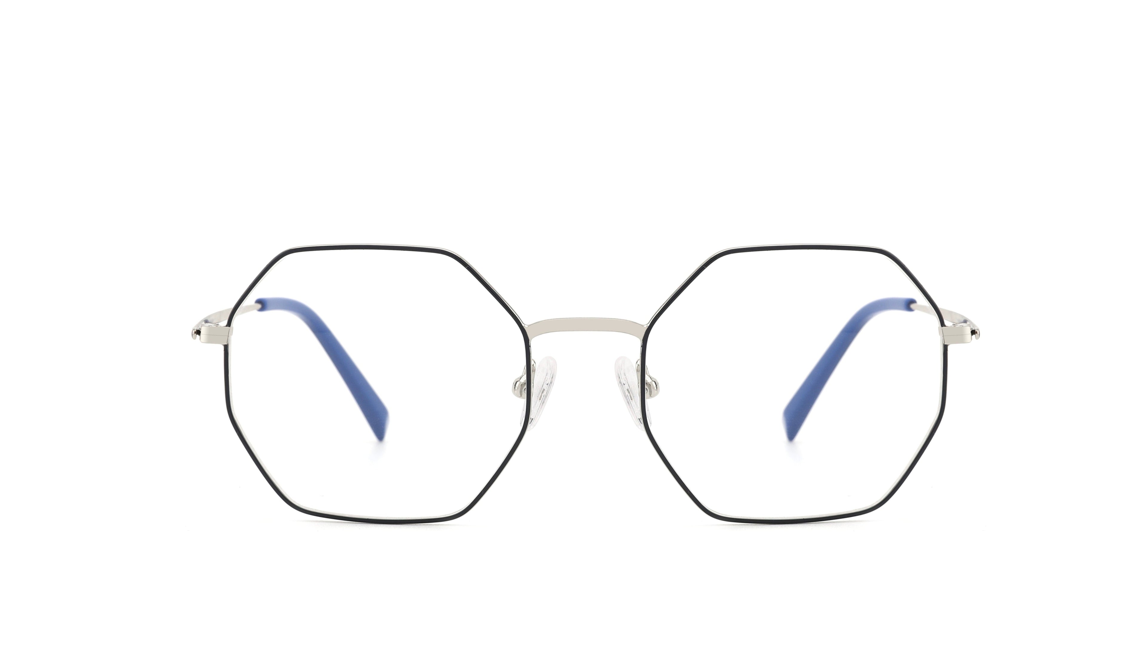 Hexagonal metal eyeglasses with thin silver frames and blue temple tips, shown against a plain white background.