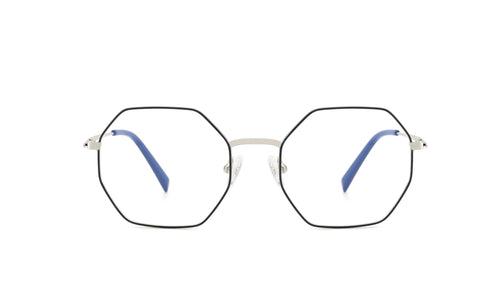 Hexagonal metal eyeglasses with thin silver frames and blue temple tips, shown against a plain white background.