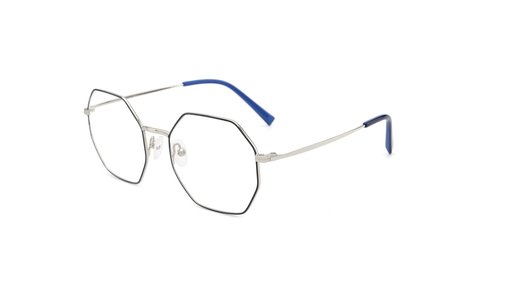 Oversized octagonal eyeglasses with a thin silver metal frame and blue temple tips, shown on a plain white background.