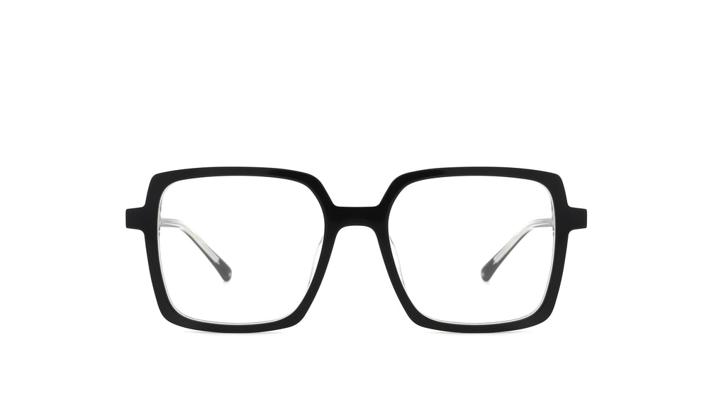 Black square eyeglass frames with clear lenses, shown from the front on a solid white background.
