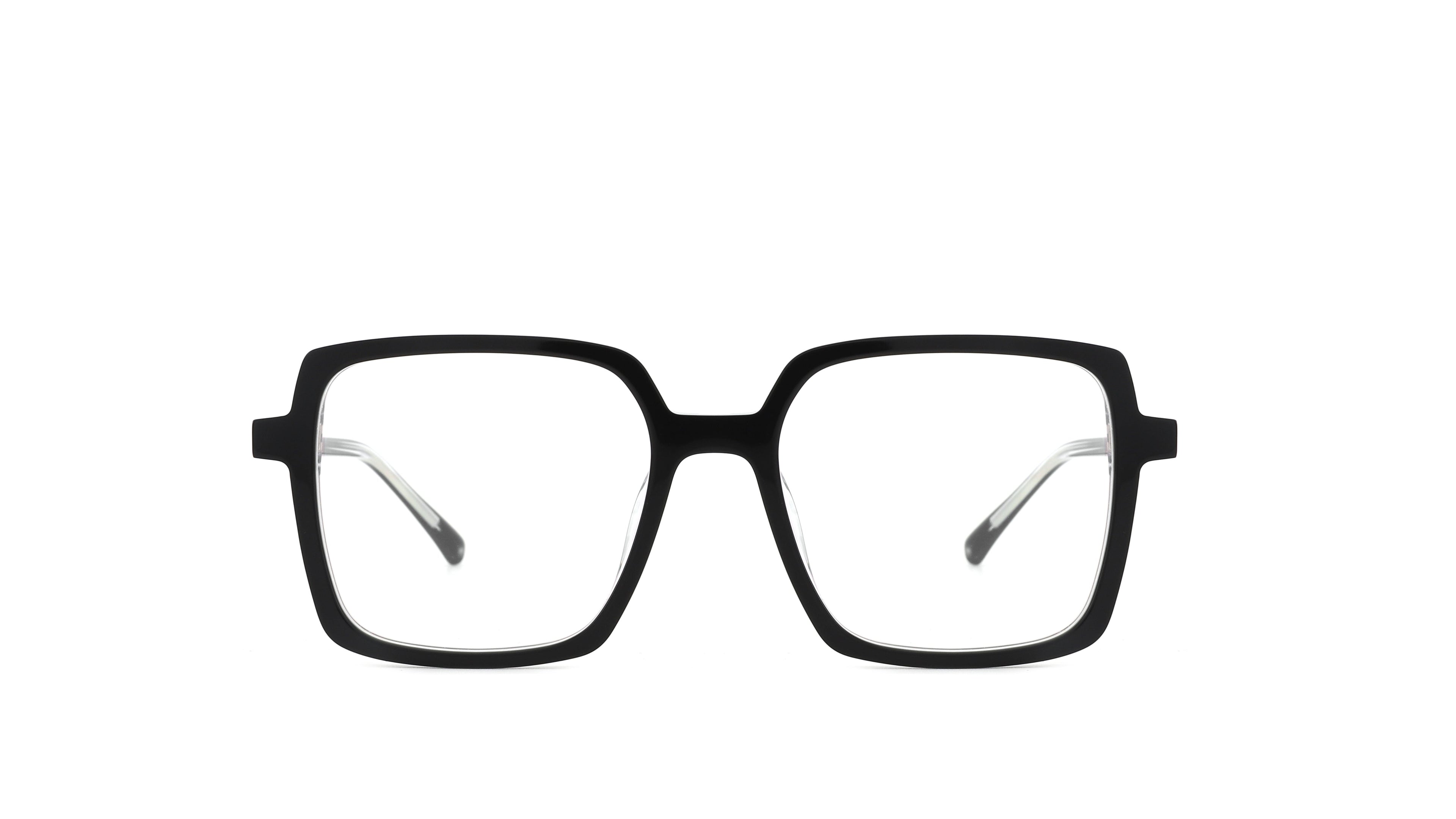 Black square eyeglass frames with clear lenses, shown from the front on a solid white background.