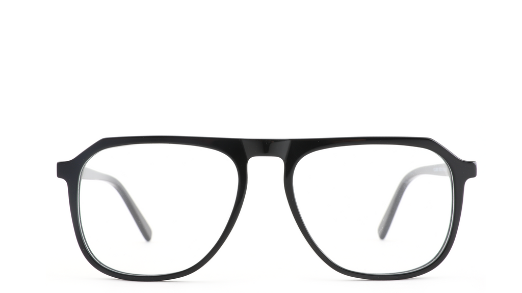 Black acetate eyeglass frames with clear lenses, shown from the front on a solid white background.