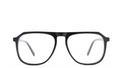Black acetate eyeglass frames with clear lenses, shown from the front on a solid white background.