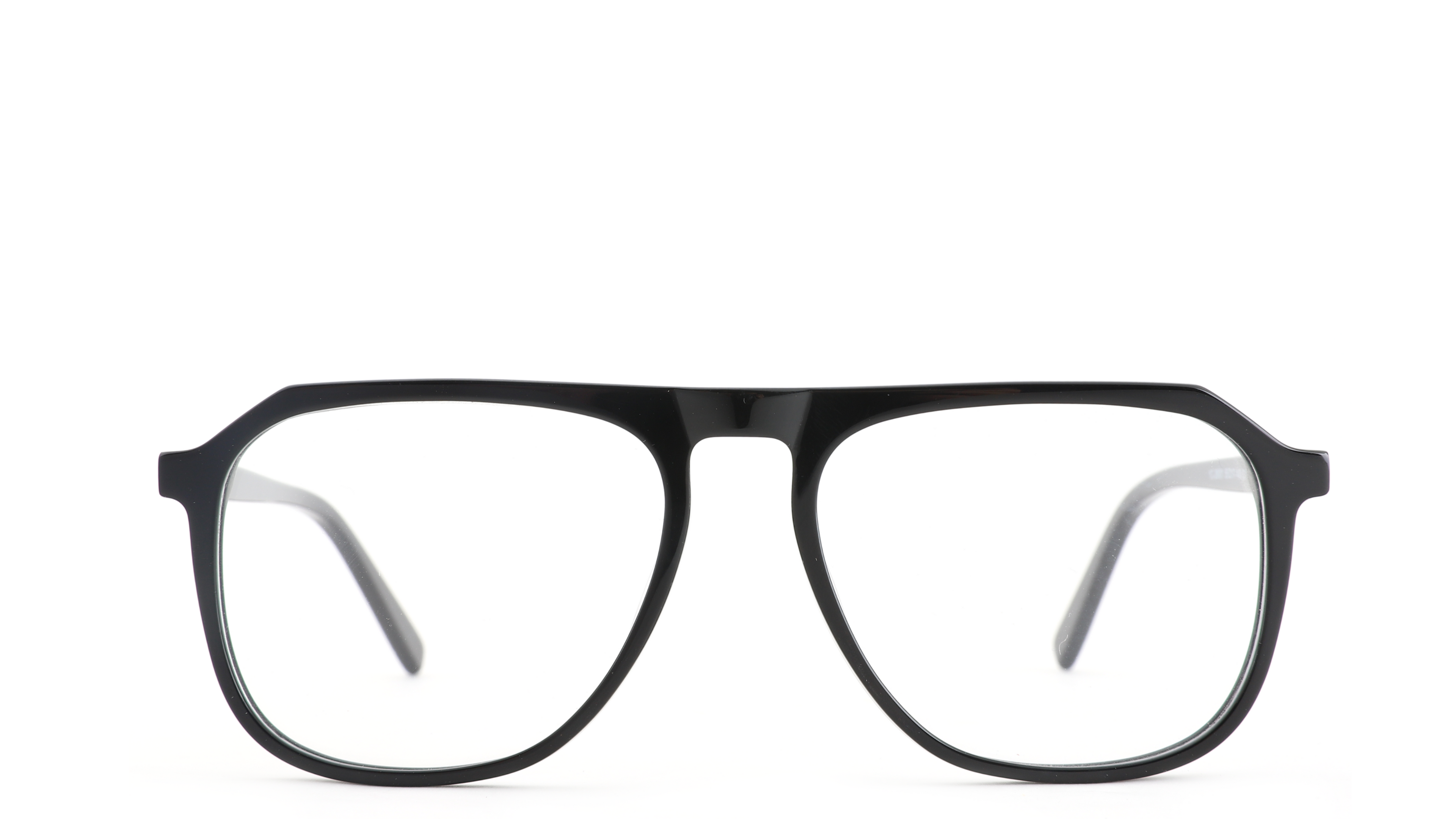Black acetate eyeglass frames with clear lenses, shown from the front on a solid white background.