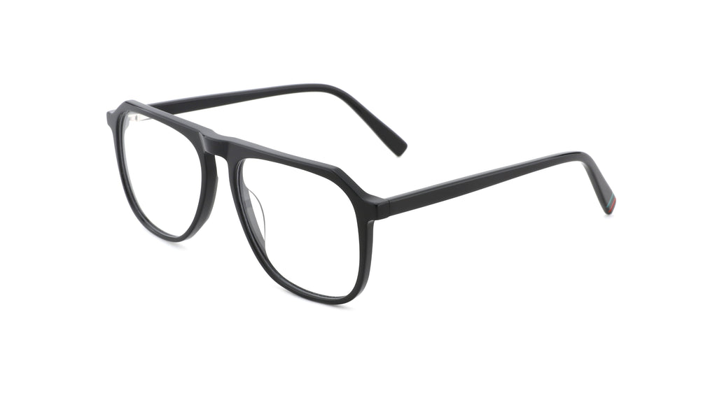 Black full-rim eyeglasses with a square-to-rectangular shape, shown at a three-quarter angle on a plain white background.