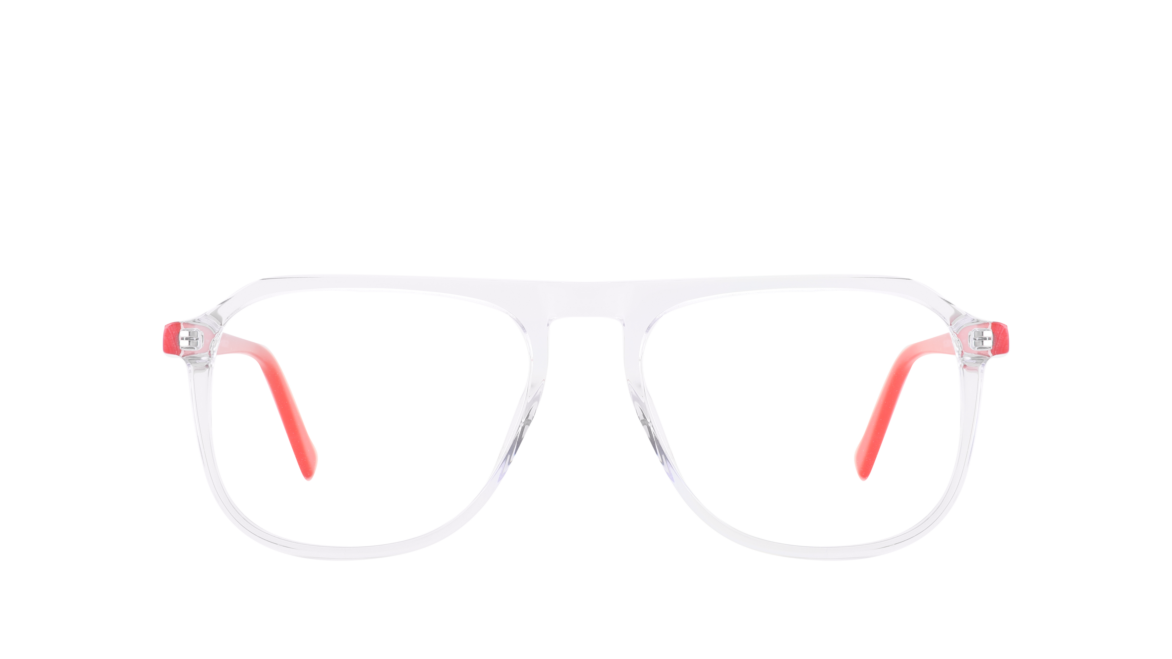 Clear acetate square eyeglasses with bright coral red temple tips, shown from the front on a solid white background.