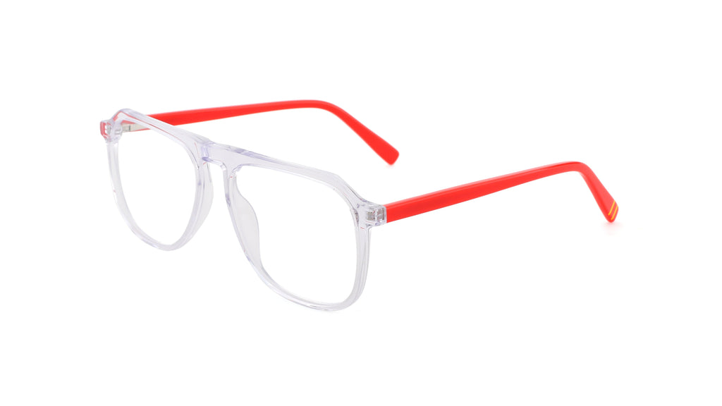A pair of modern square-frame eyeglasses with a clear transparent front and bright red arms, shown on a plain white background.