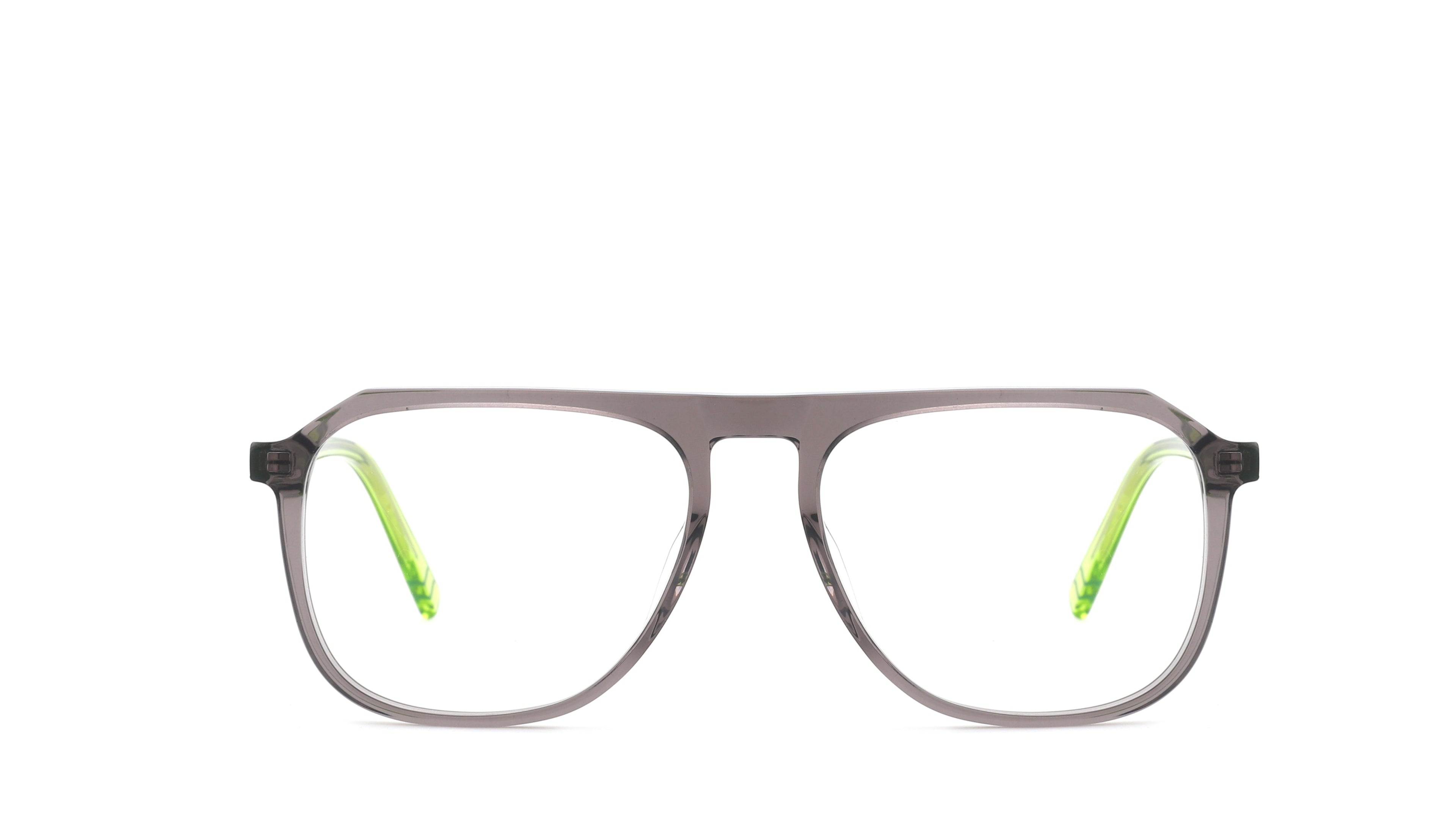 Rectangular eyeglasses with a translucent smoky gray frame and bright neon green temple tips, shown against a solid white background.