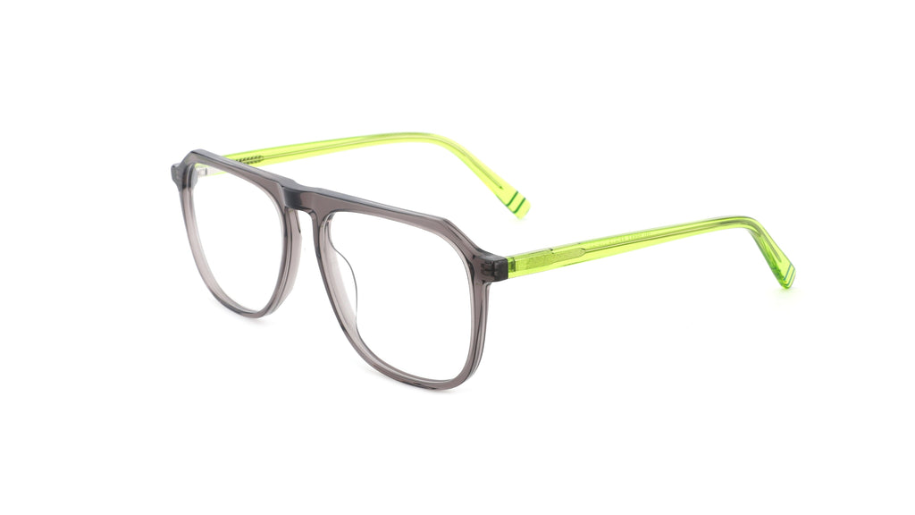 A pair of square-frame eyeglasses with a translucent dark gray frame and bright neon green temples, shown on a plain white background.