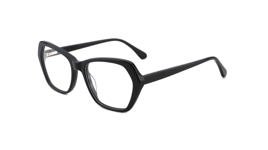Black cat-eye eyeglasses with clear lenses, shown from a three-quarters angle on a solid white background.