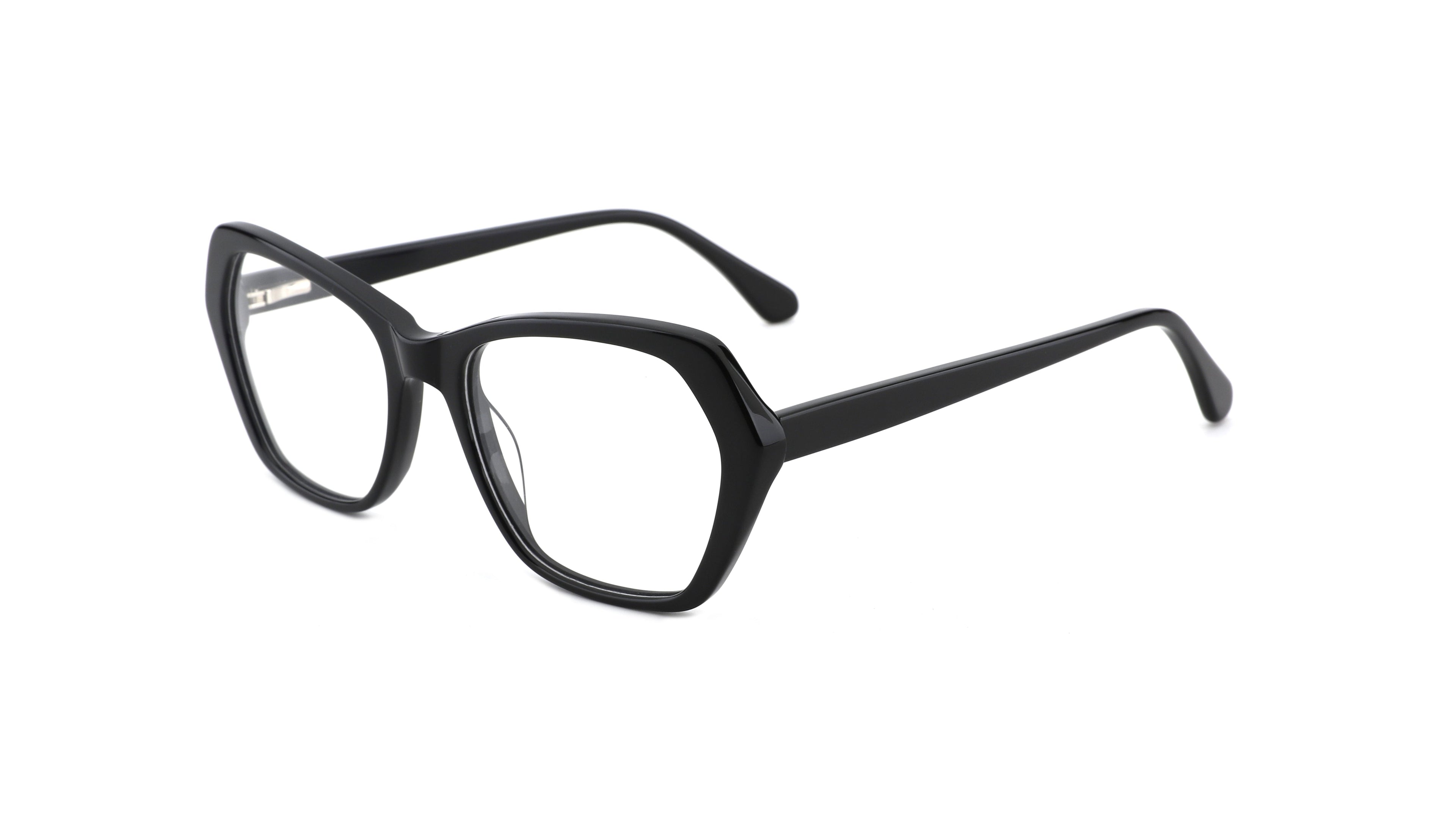 Black cat-eye eyeglasses with clear lenses, shown from a three-quarters angle on a solid white background.