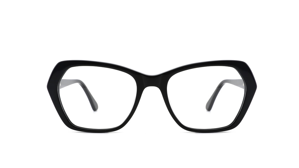 Black cat-eye eyeglasses with clear lenses, shown from the front on a solid white background.