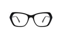 Black cat-eye eyeglasses with clear lenses, shown from the front on a solid white background.