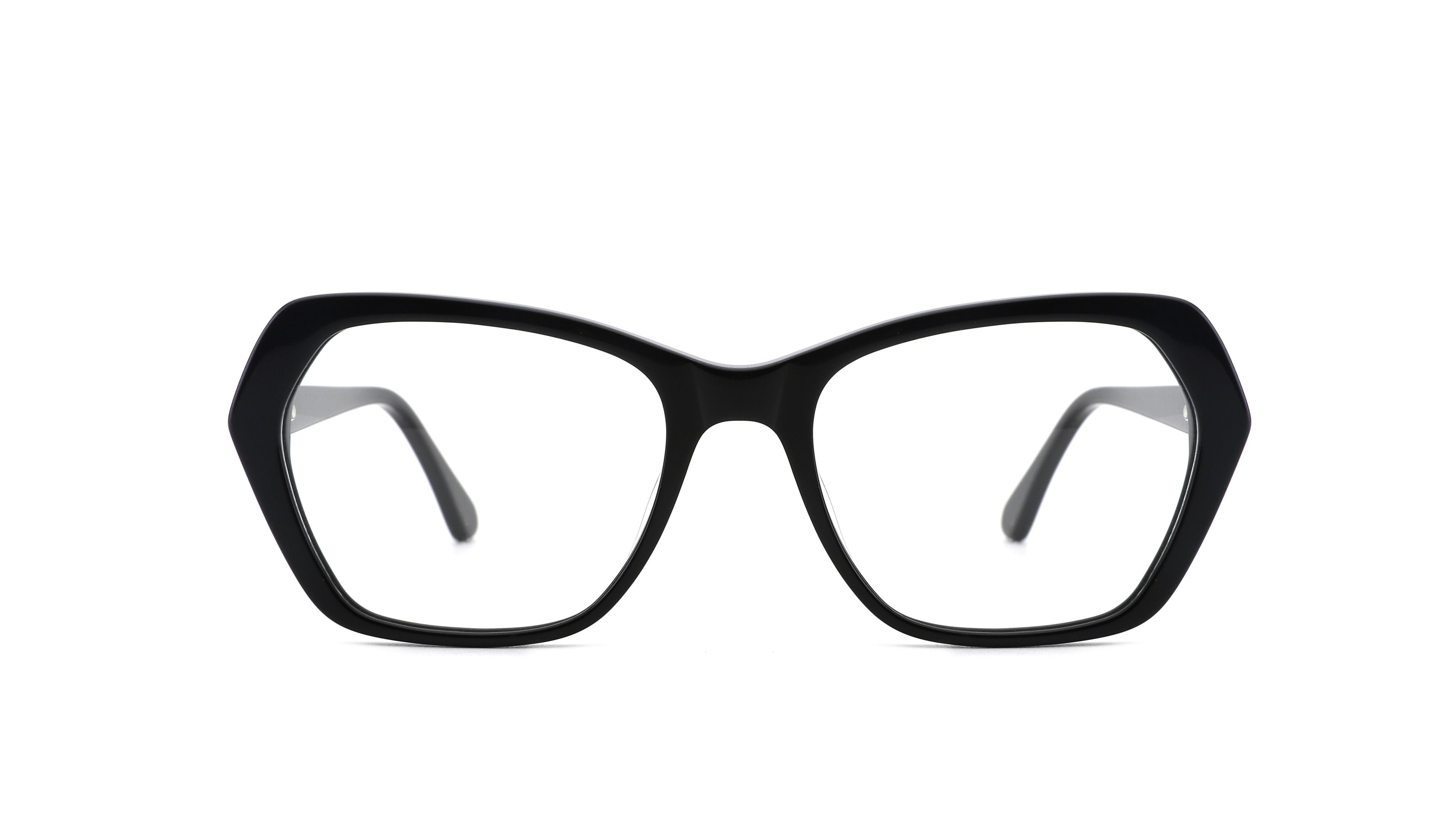 Black cat-eye eyeglasses with clear lenses, shown from the front on a solid white background.