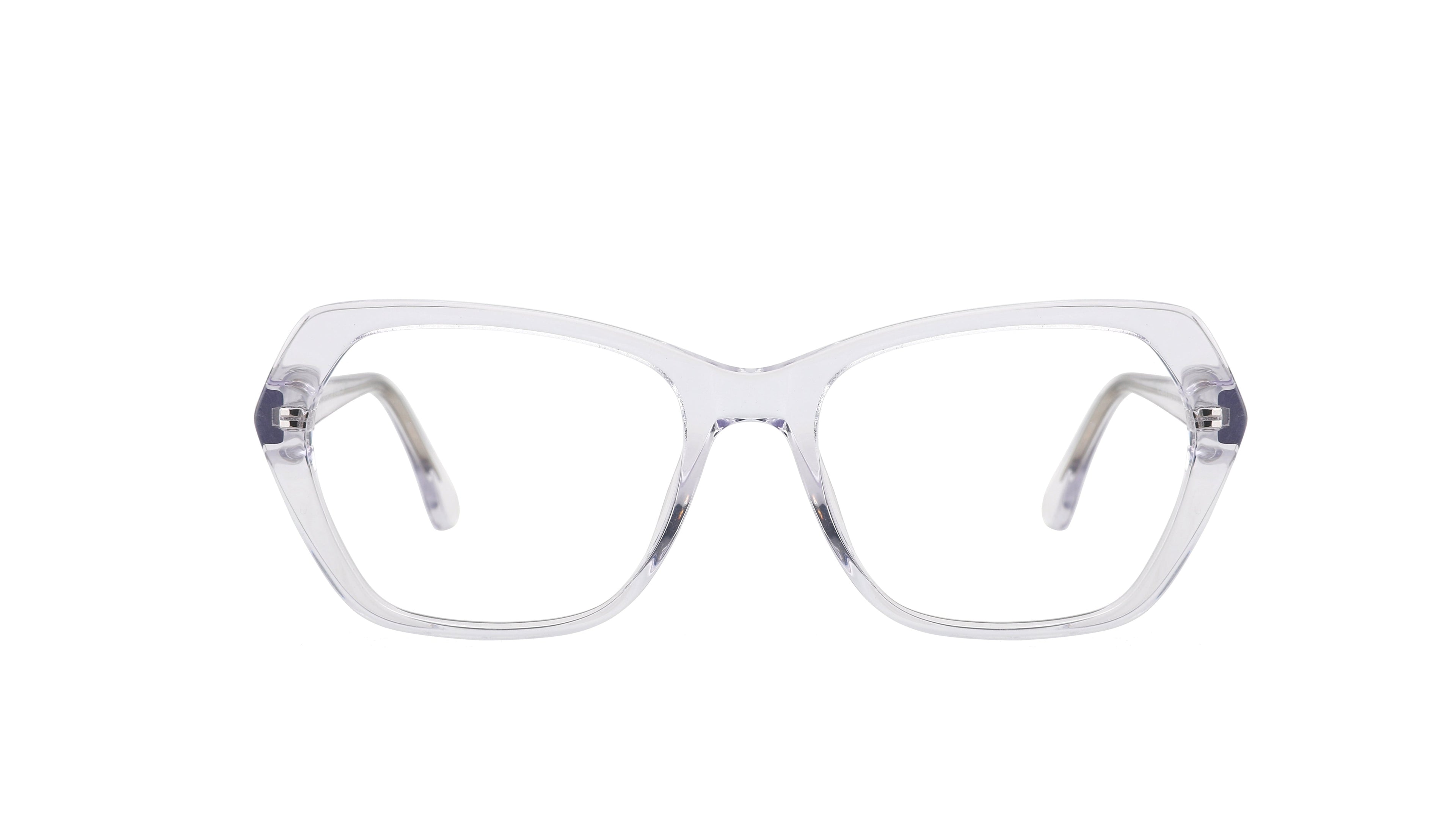 Clear acetate cat-eye eyeglasses frames with transparent lenses and silver metal hinge accents, shown against a plain white background.