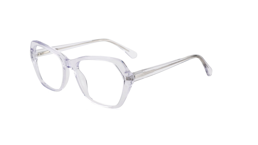 Clear acetate eyeglass frames with a geometric, angular square design and thin temples, shown on a plain white background.