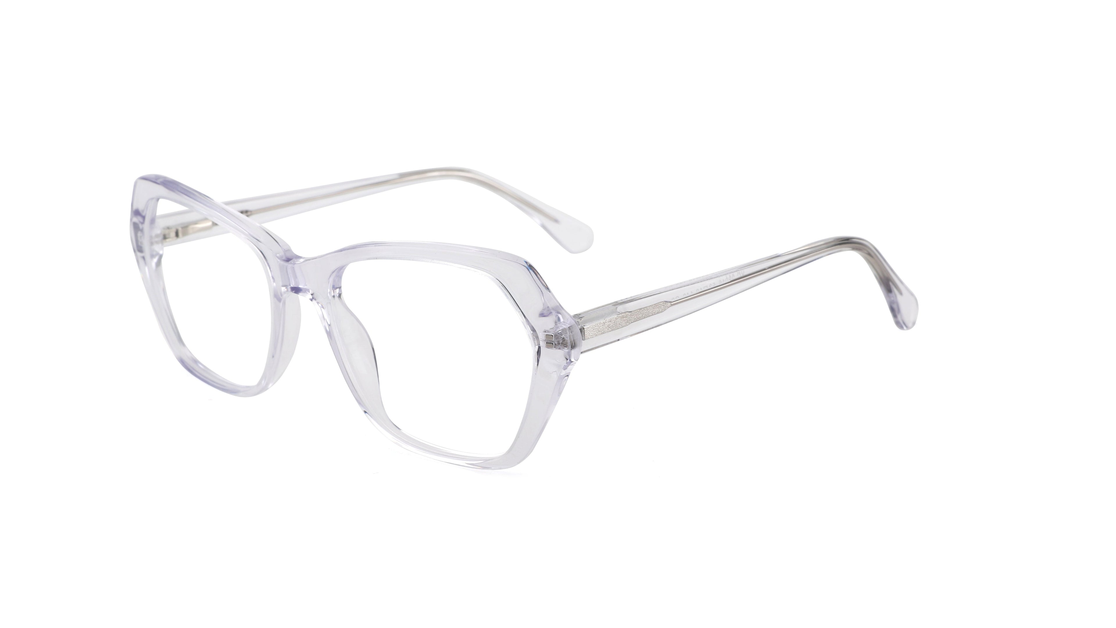 Clear acetate eyeglass frames with a geometric, angular square design and thin temples, shown on a plain white background.