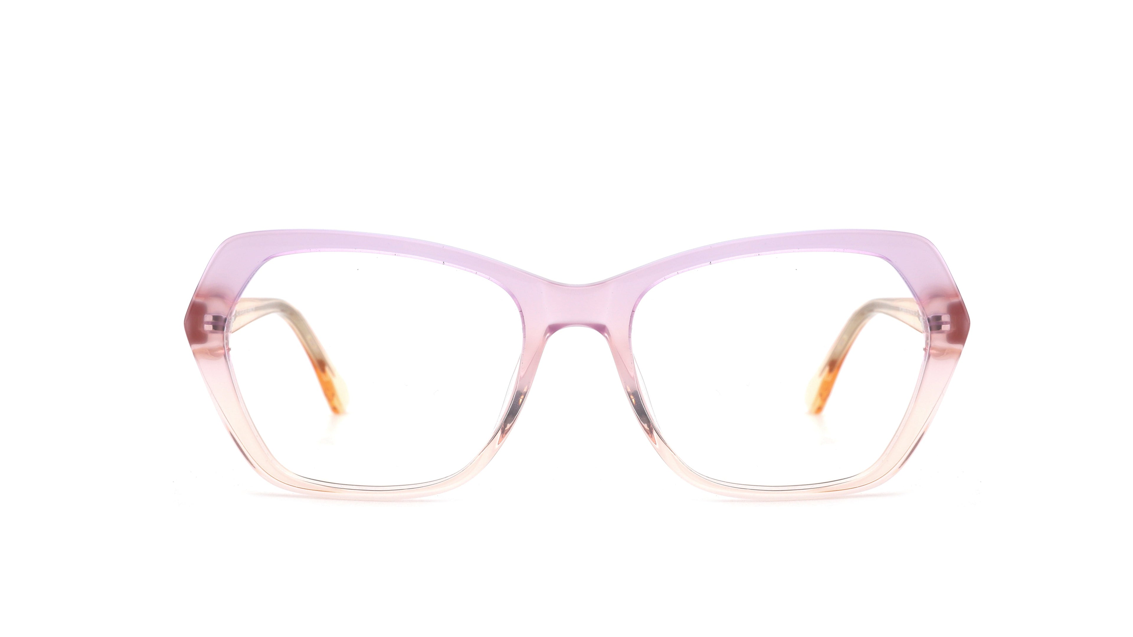 A pair of cat-eye eyeglasses with a translucent light pink frame and clear lenses, shown against a plain white background.