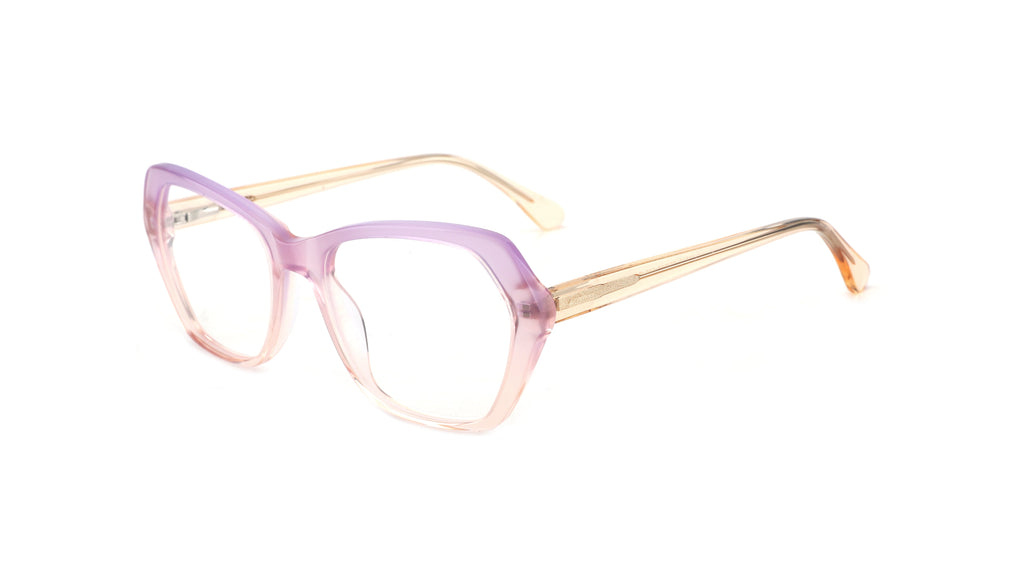 A pair of cat-eye eyeglasses featuring a translucent lavender-pink acetate frame and gold metal temples, shown on a plain white background.