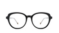 Black round eyeglass frames with clear lenses and silver temple tips, shown against a plain white background.