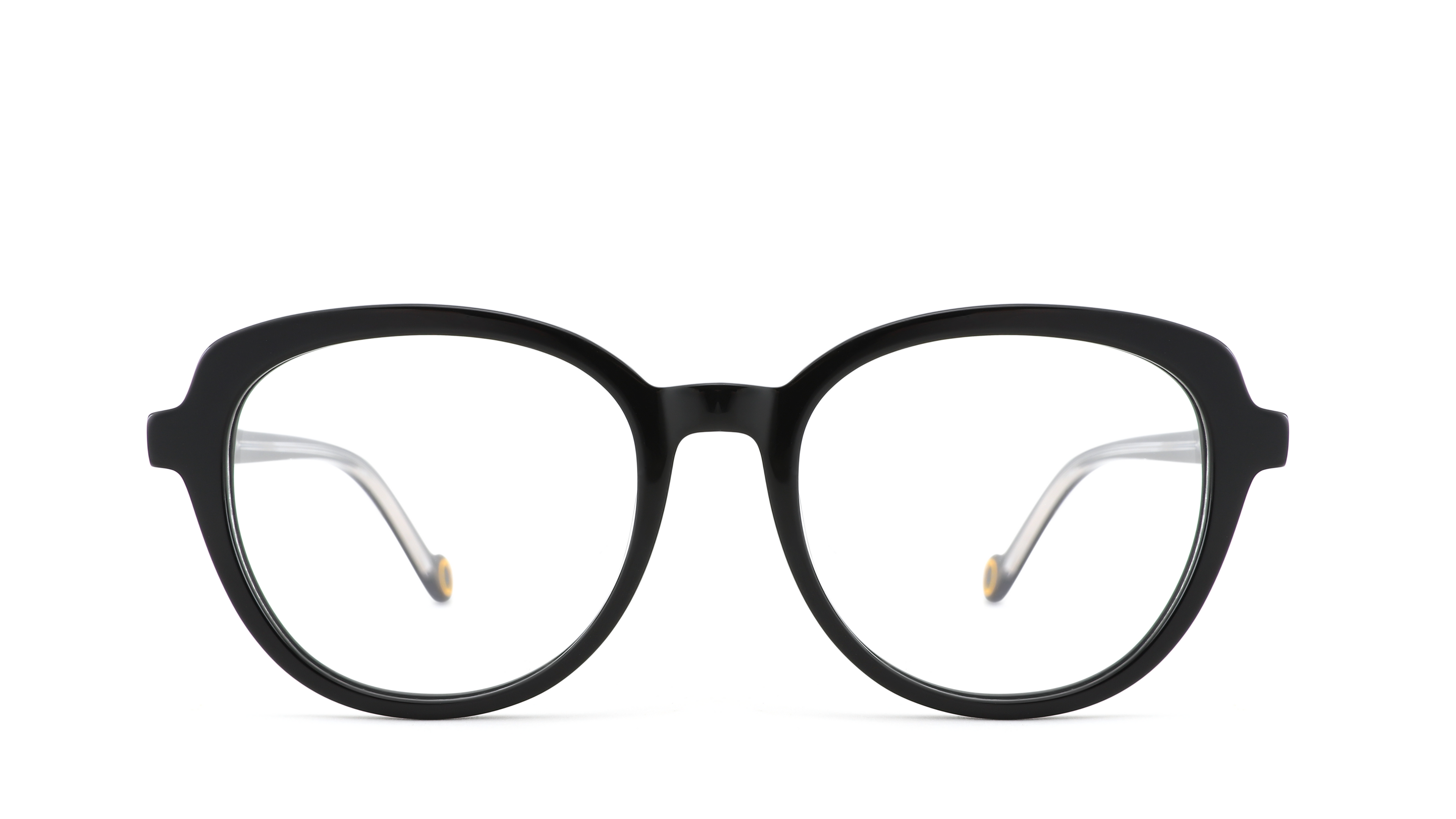 Black round eyeglass frames with clear lenses and silver temple tips, shown against a plain white background.