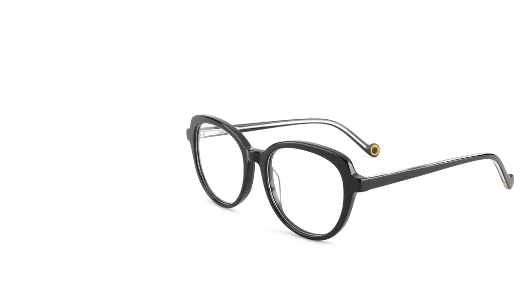 Black round eyeglasses with a double bridge and slim silver-toned temples, shown on a plain white background.