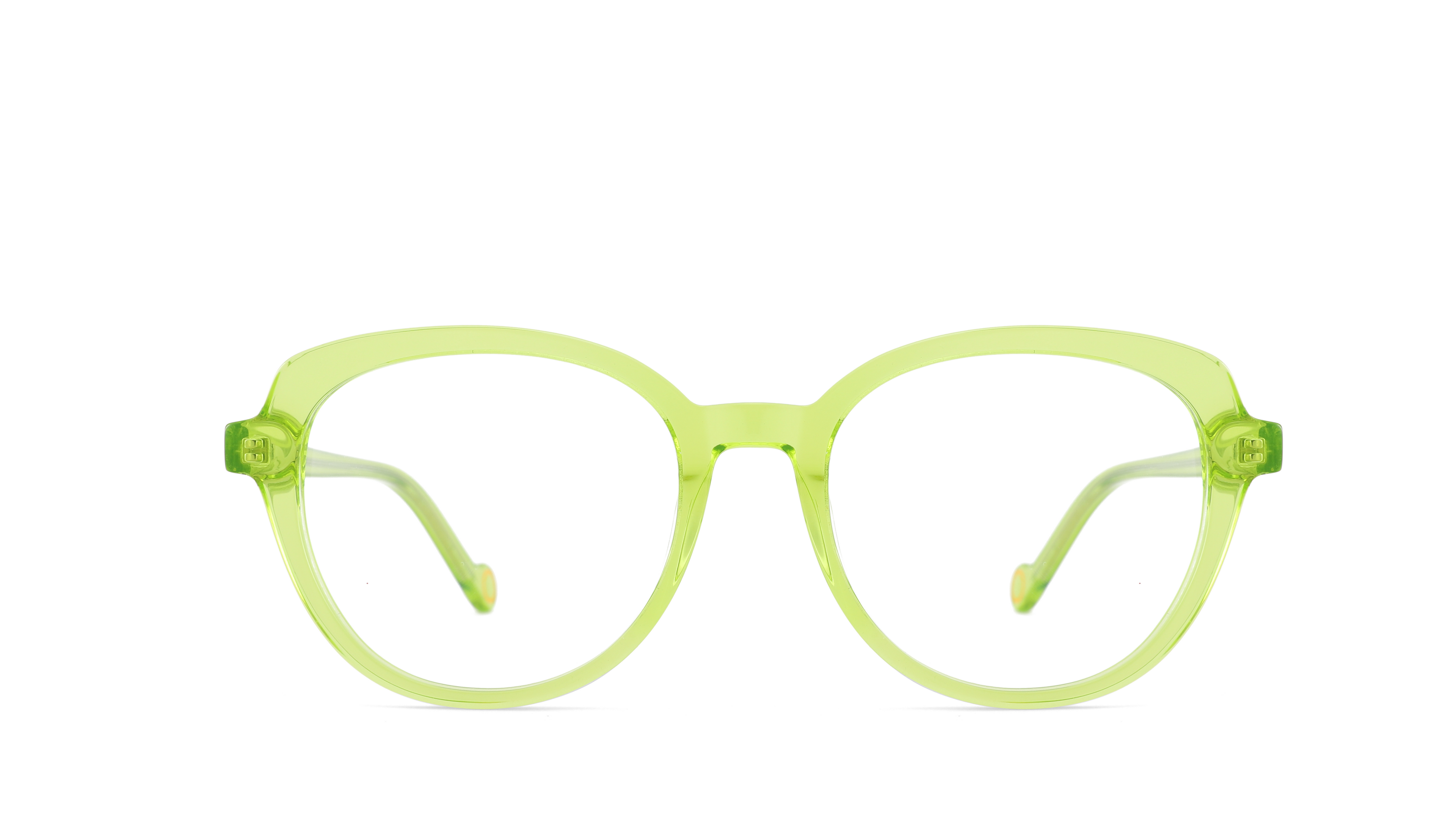 Light lime green round eyeglasses with clear lenses, shown against a plain white background.