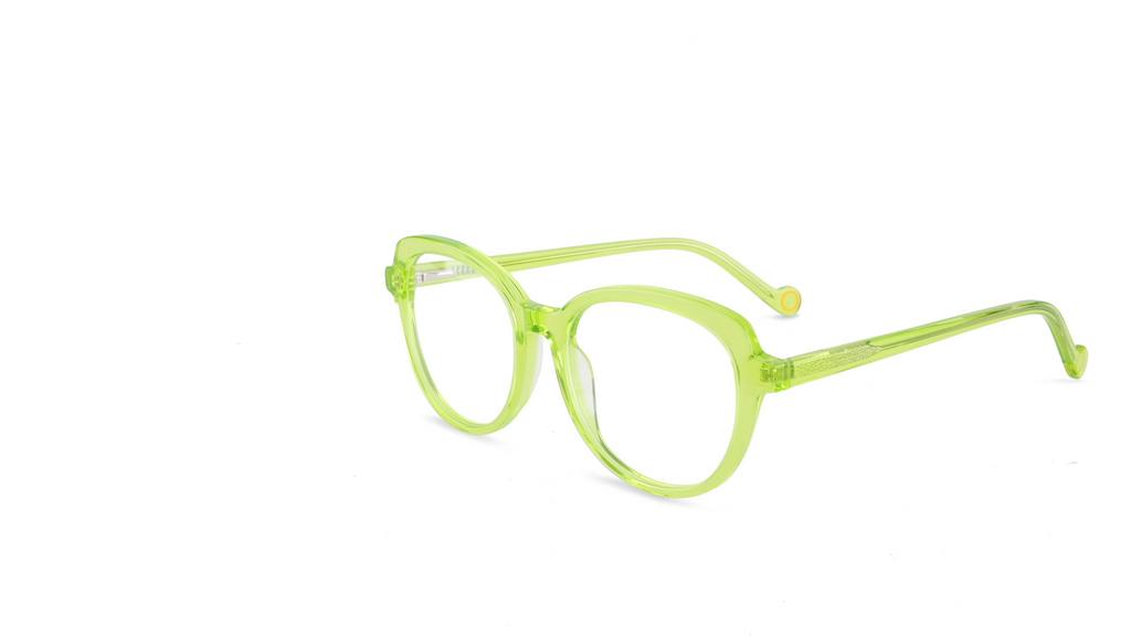 Bright lime green round eyeglasses with clear lenses, shown from a three-quarters angle on a solid white background.