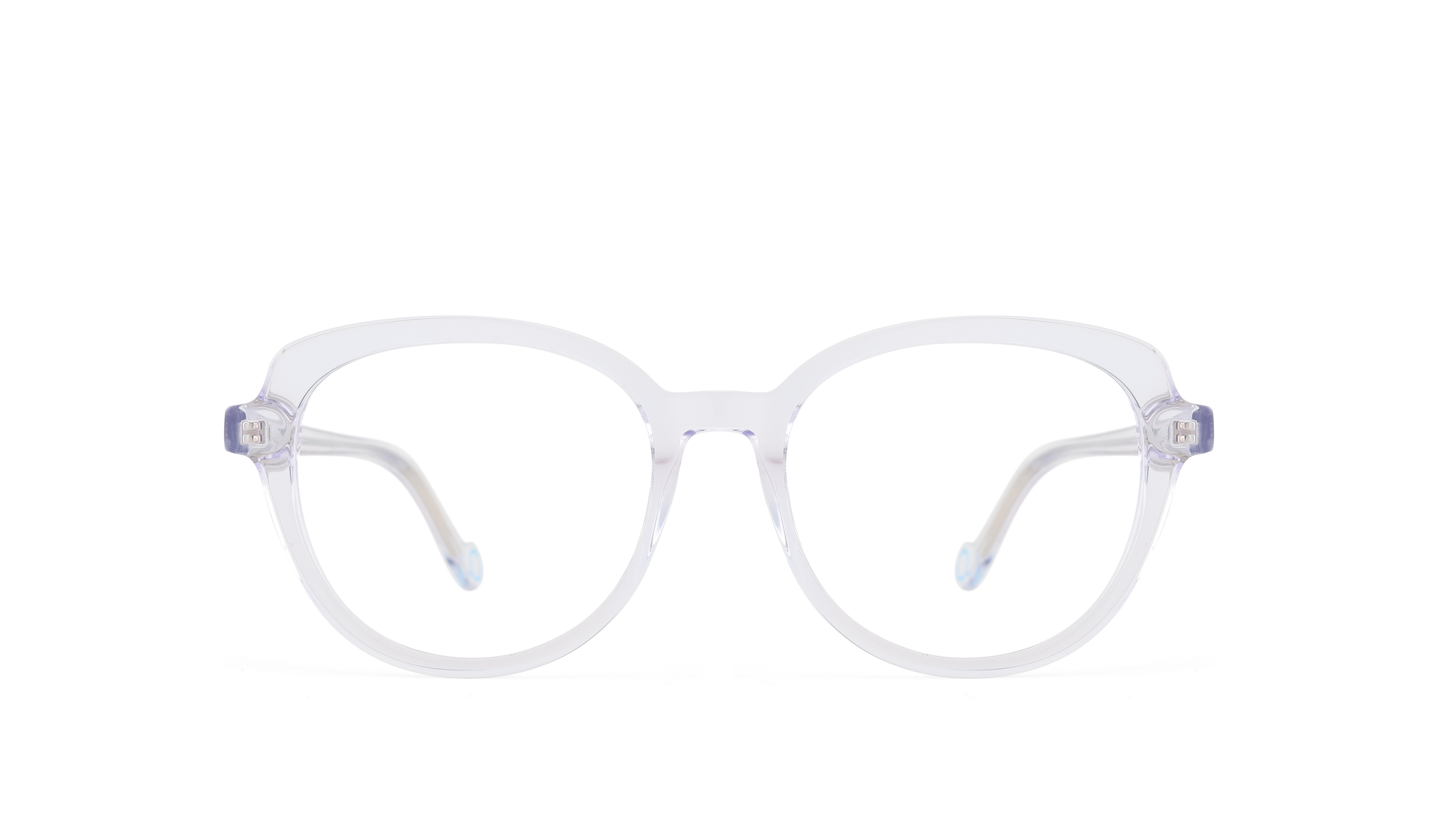 Clear acetate round eyeglasses frames with light purple temple tips, shown against a solid white background.