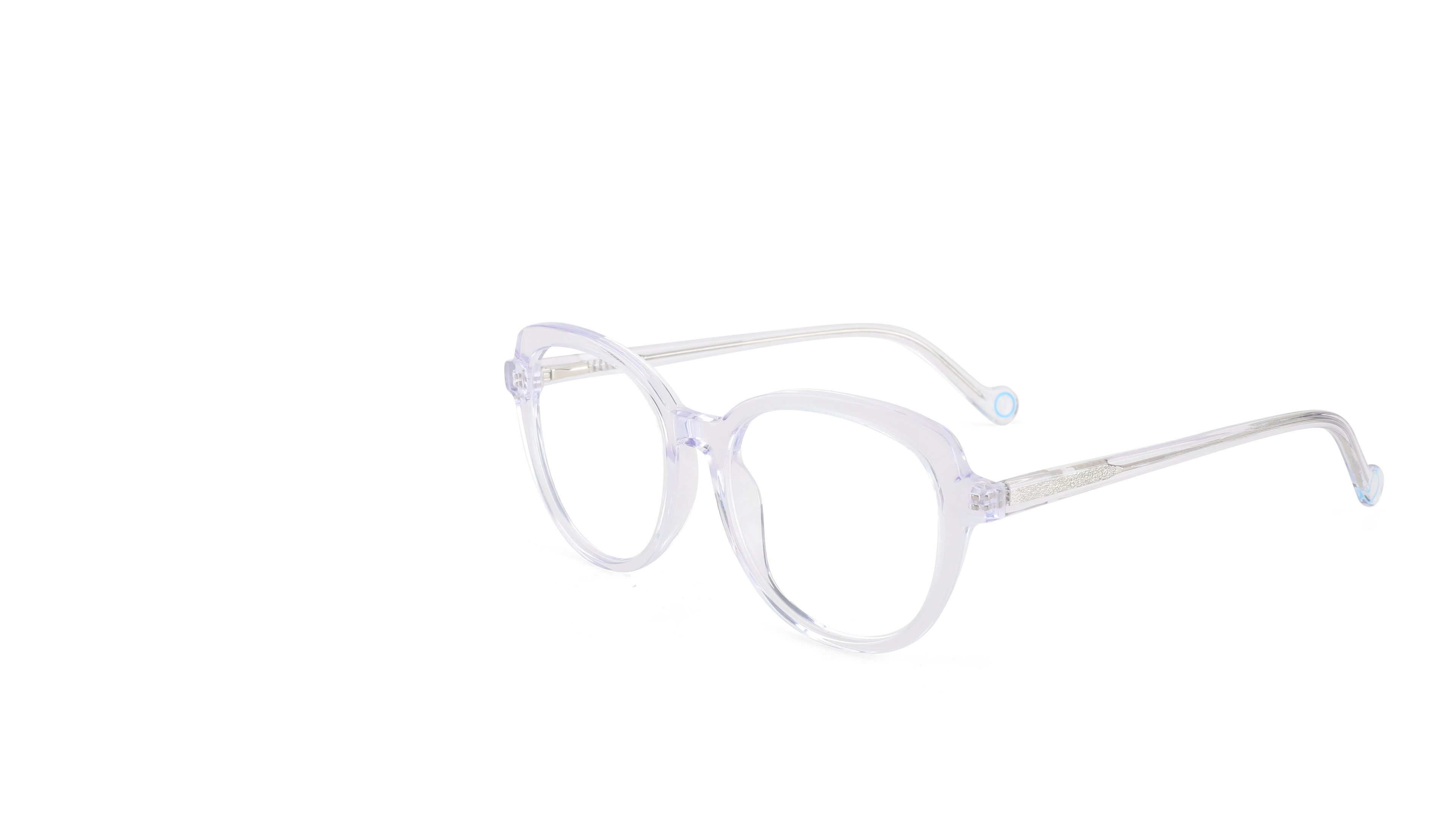 Clear acetate round eyeglasses frames with thin double bridge and temple arms, shown on a plain white background.