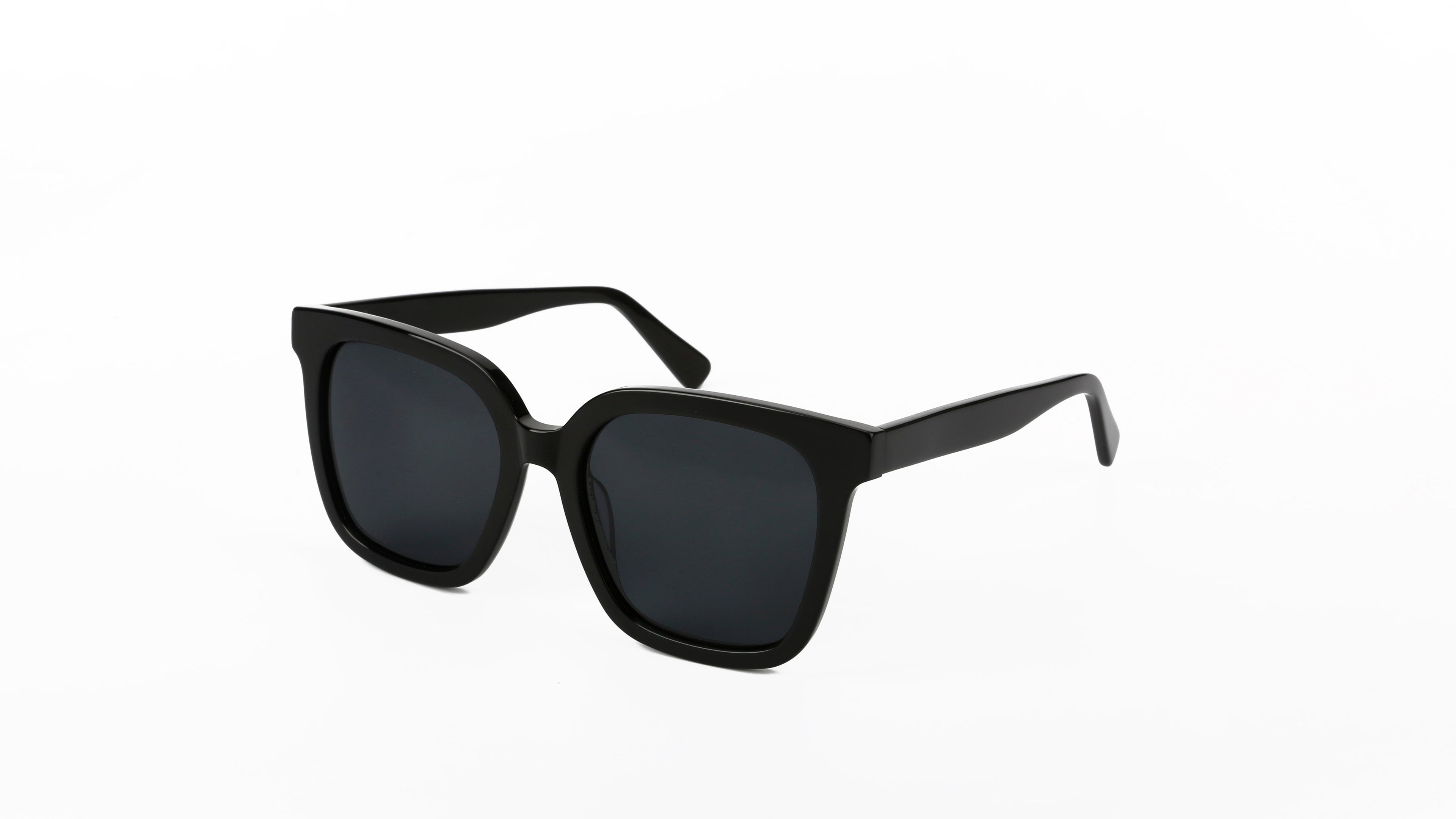 Black square sunglasses with dark lenses, shown at a three-quarter angle on a plain white background.