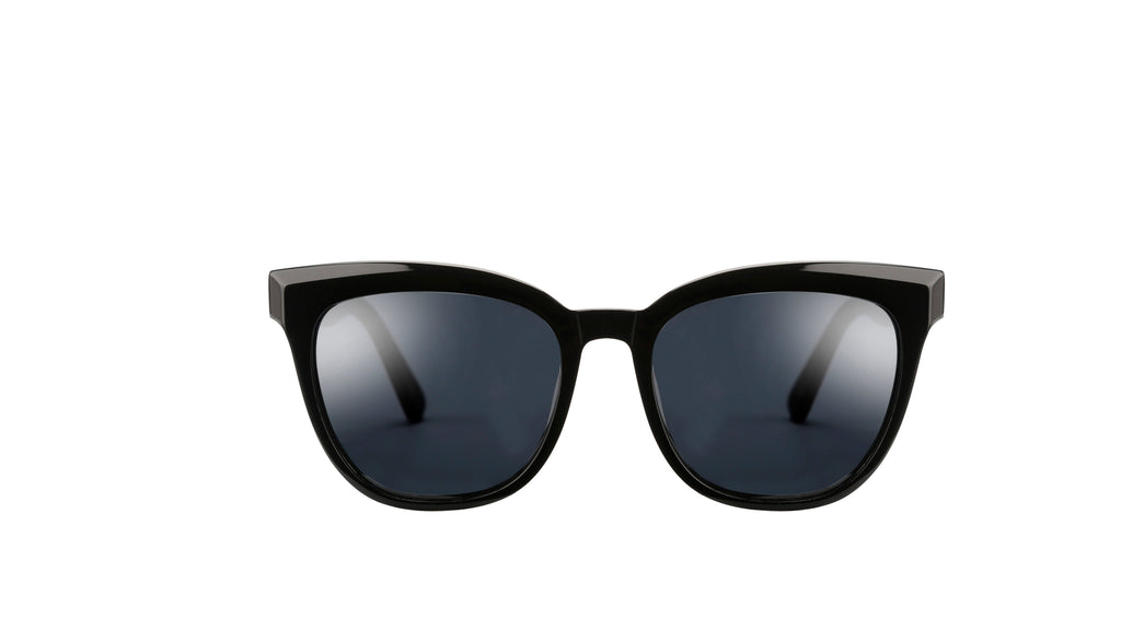 Black sunglasses with dark gray lenses, shown from the front on a solid white background.
