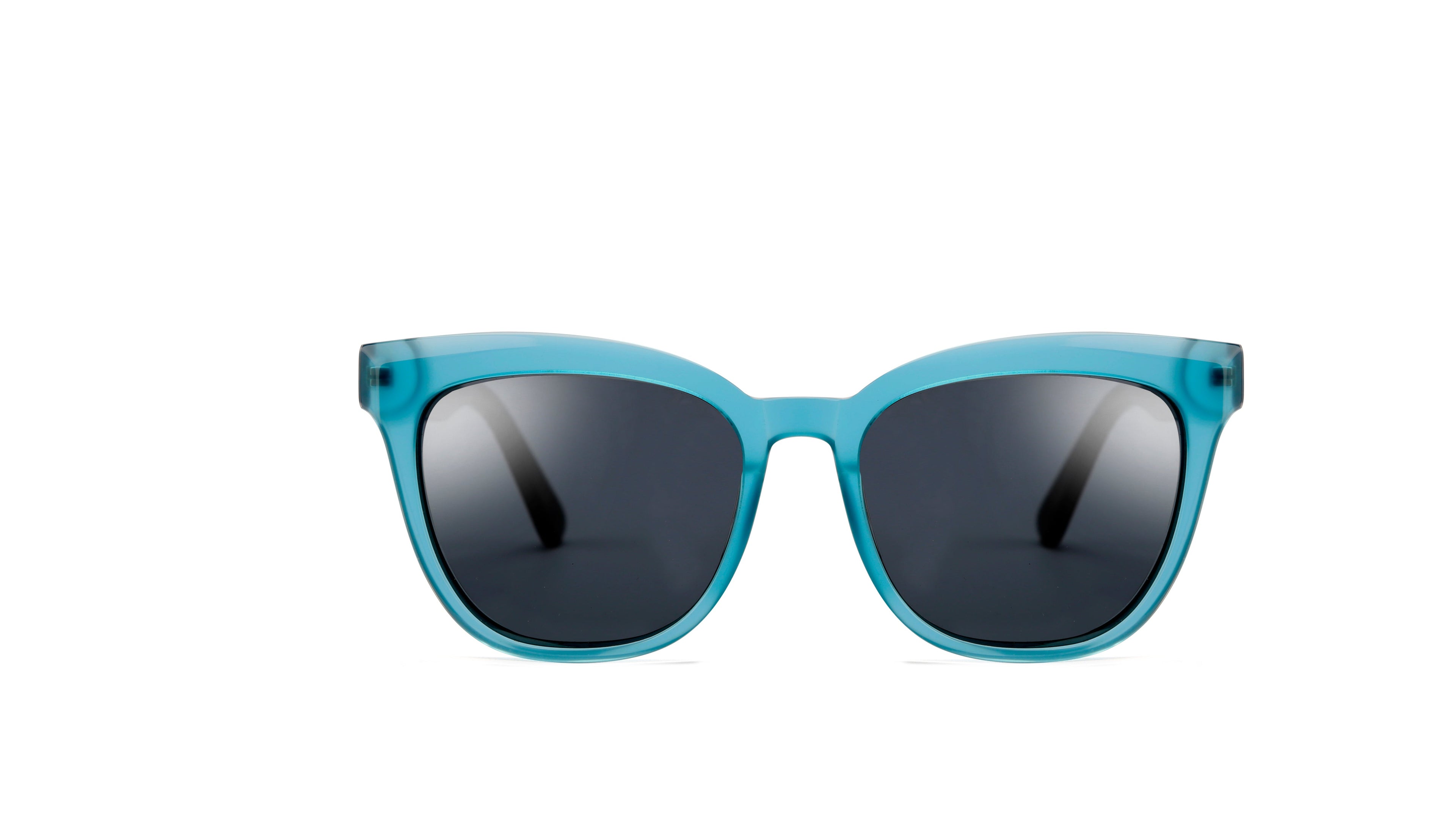 A pair of cat-eye sunglasses with a translucent turquoise blue frame and dark gray lenses, shown against a plain white background.