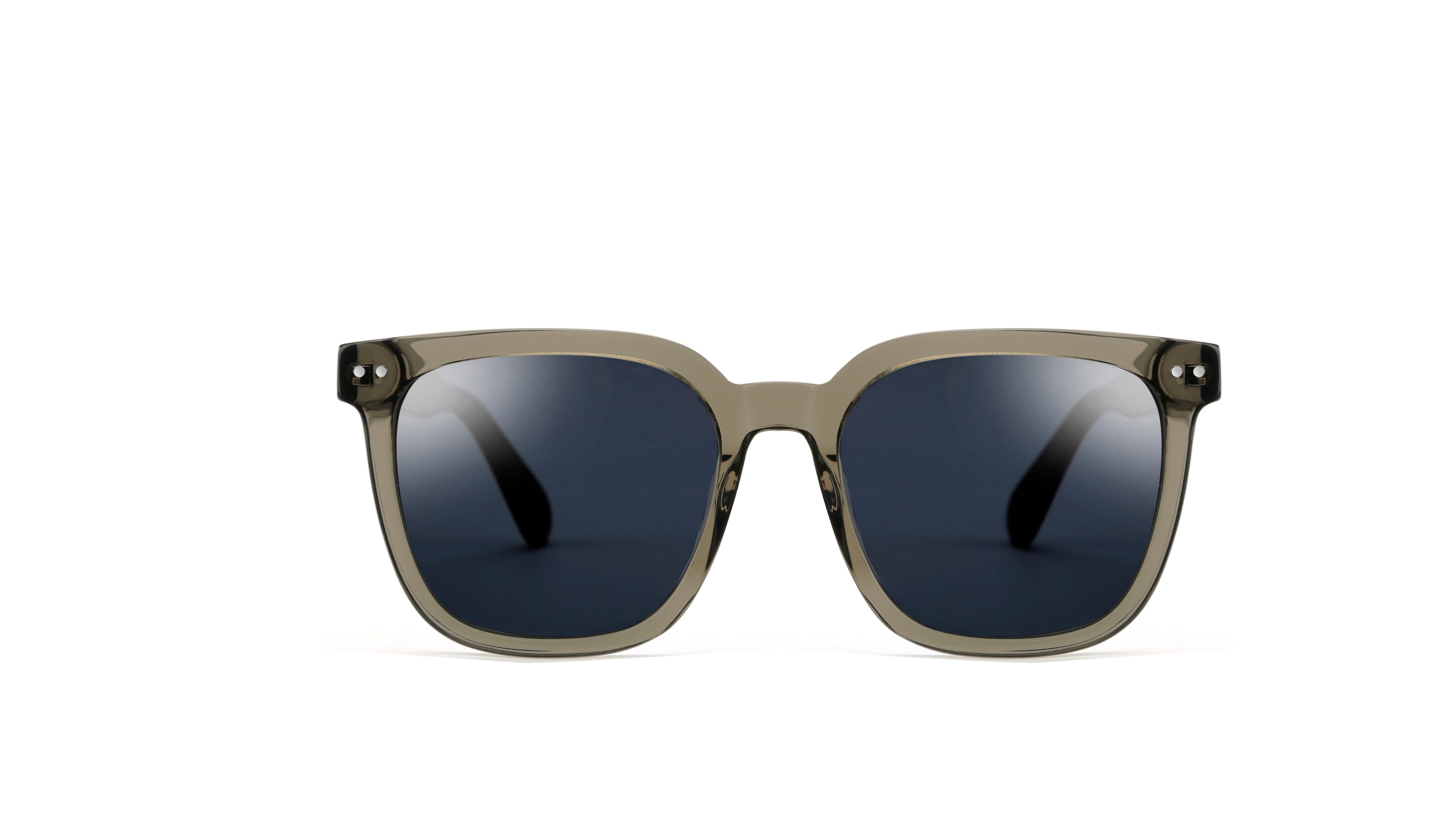 A pair of square sunglasses with a translucent olive green acetate frame and dark blue-gray lenses, shown against a plain white background.