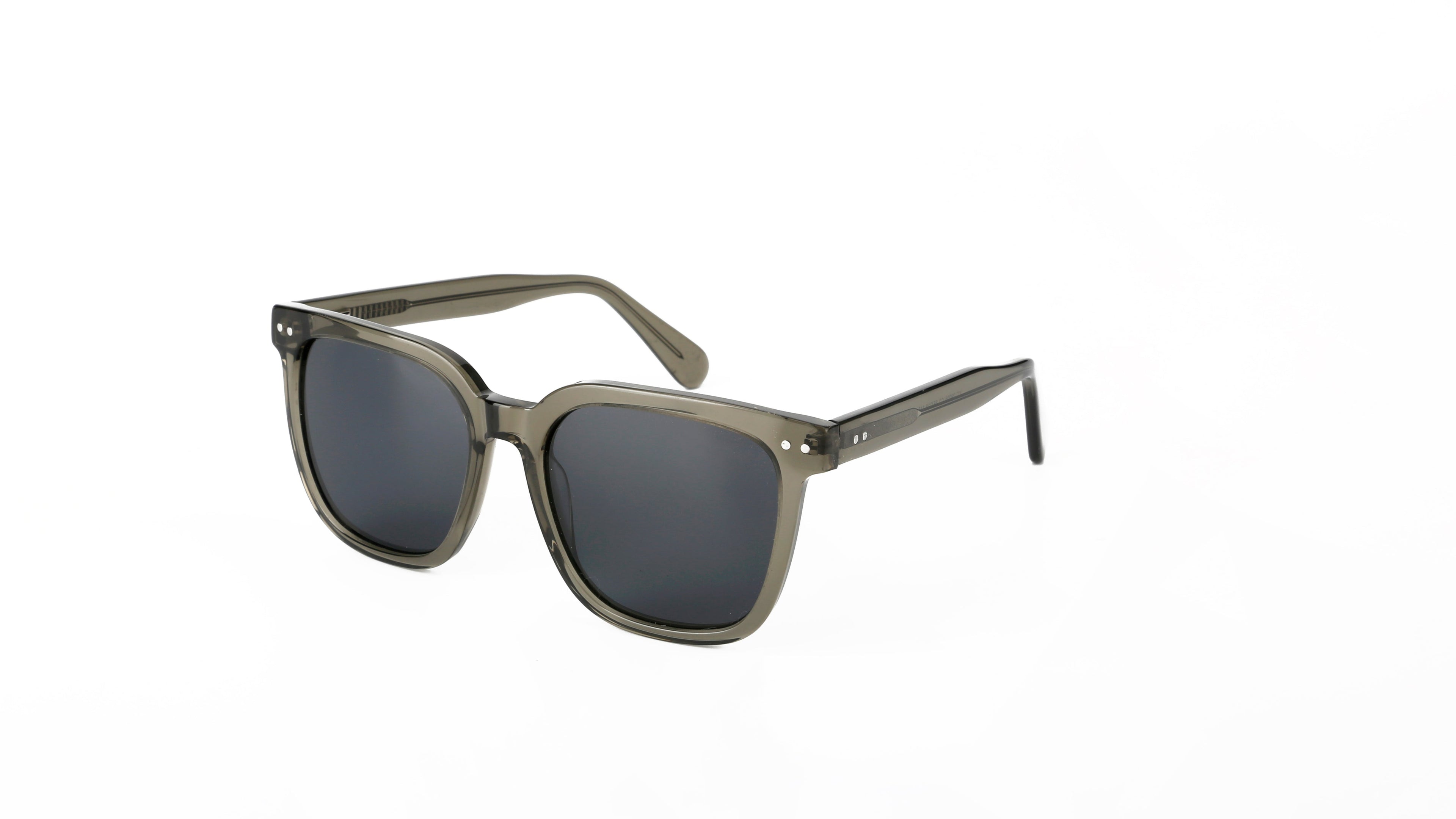 Oversized square sunglasses with a translucent olive green acetate frame and dark gray lenses, shown on a plain white background.