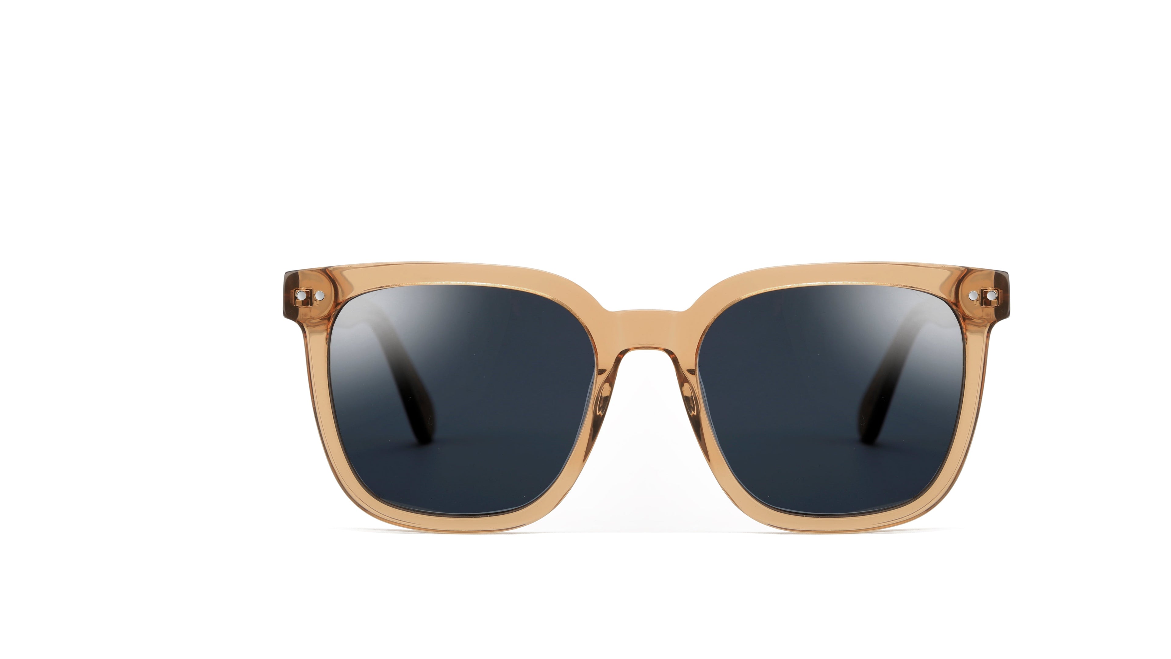 A pair of square sunglasses with a translucent light brown wood-look frame and dark gray lenses, shown against a plain white background.
