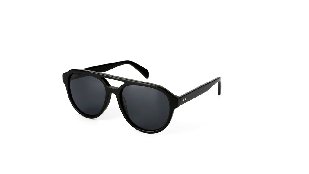 Black double-bridge sunglasses with dark lenses, shown at a three-quarter angle on a plain white background.