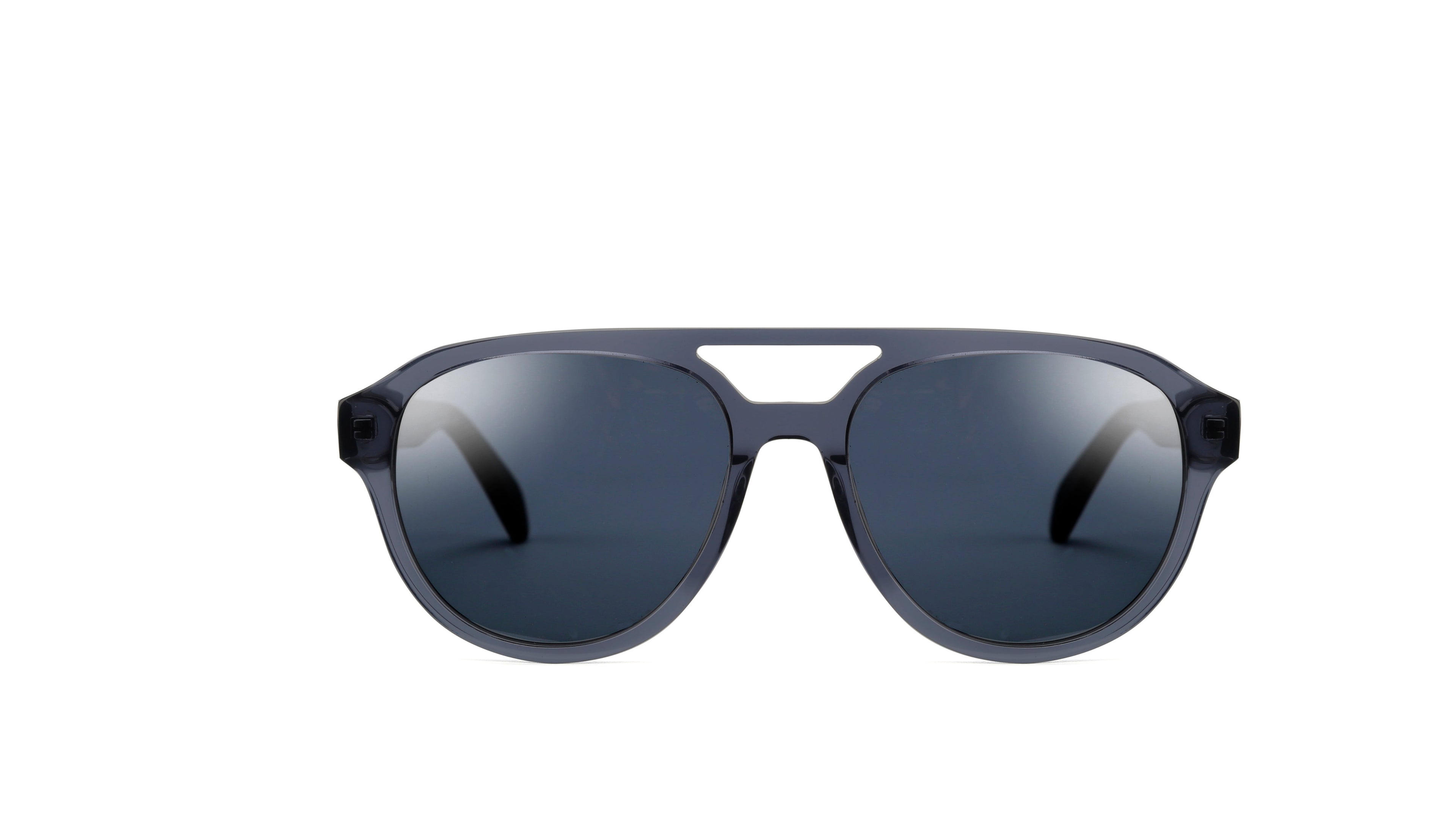 A pair of aviator-style sunglasses with a dark gray frame and dark gray lenses, shown against a plain white background.