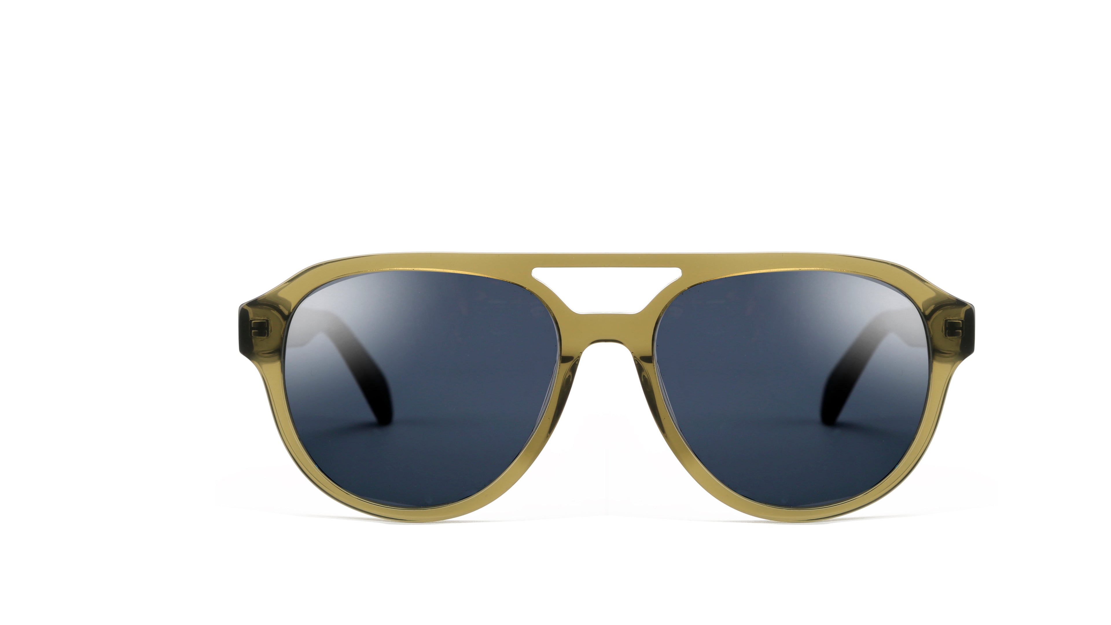 A pair of aviator-style sunglasses with a matte olive green frame and dark blue-gray lenses, shown against a plain white background.