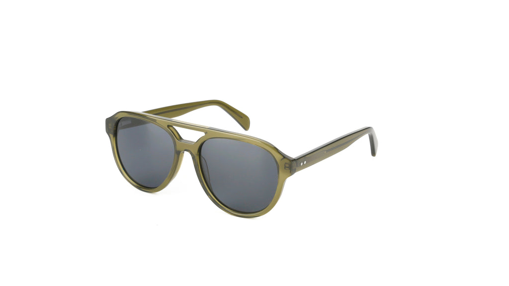 Oversized round sunglasses with a translucent olive green acetate frame and dark gray lenses, shown on a plain white background.