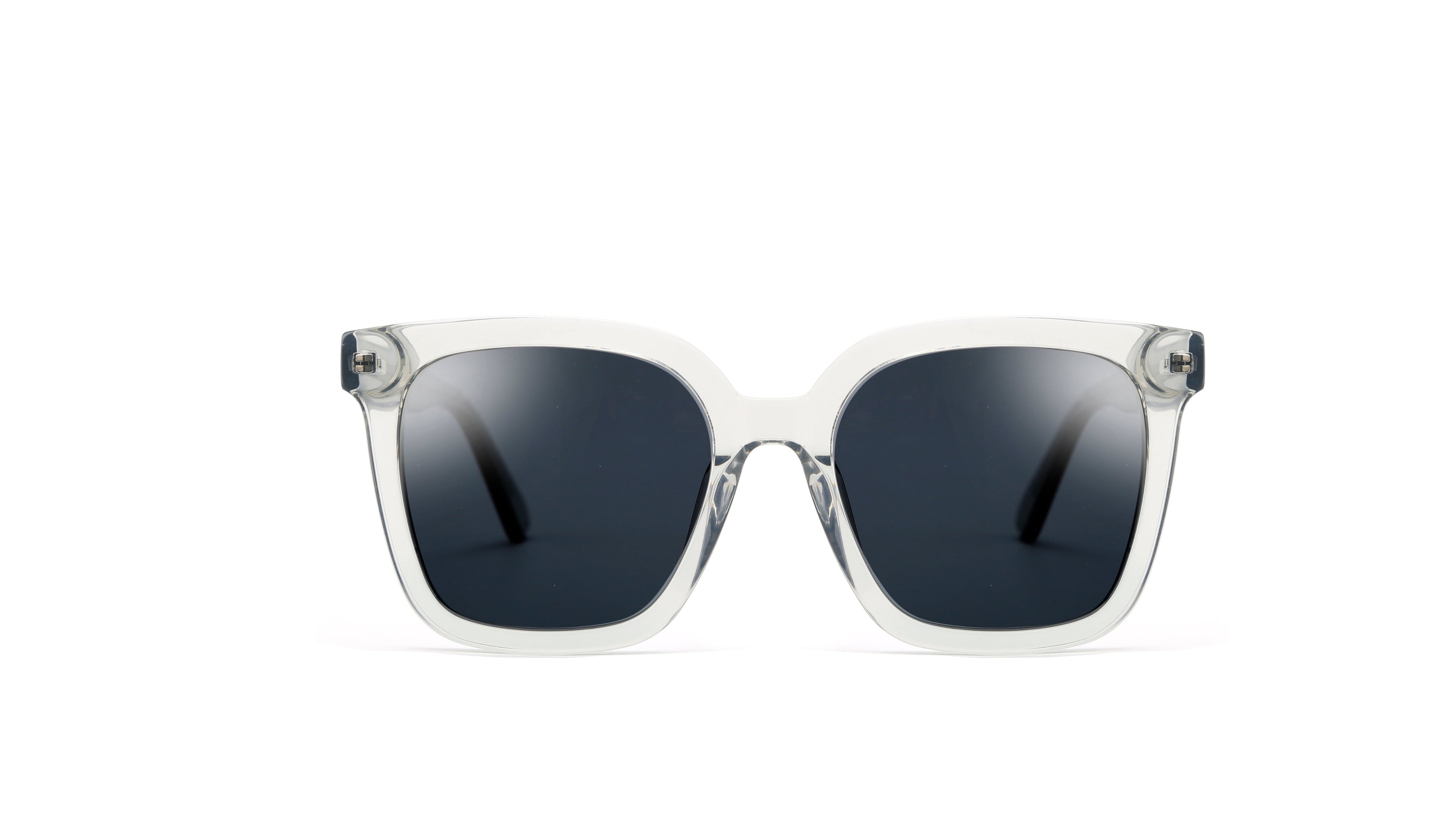 A pair of square sunglasses with a translucent white frame and dark gray lenses, shown against a plain white background.