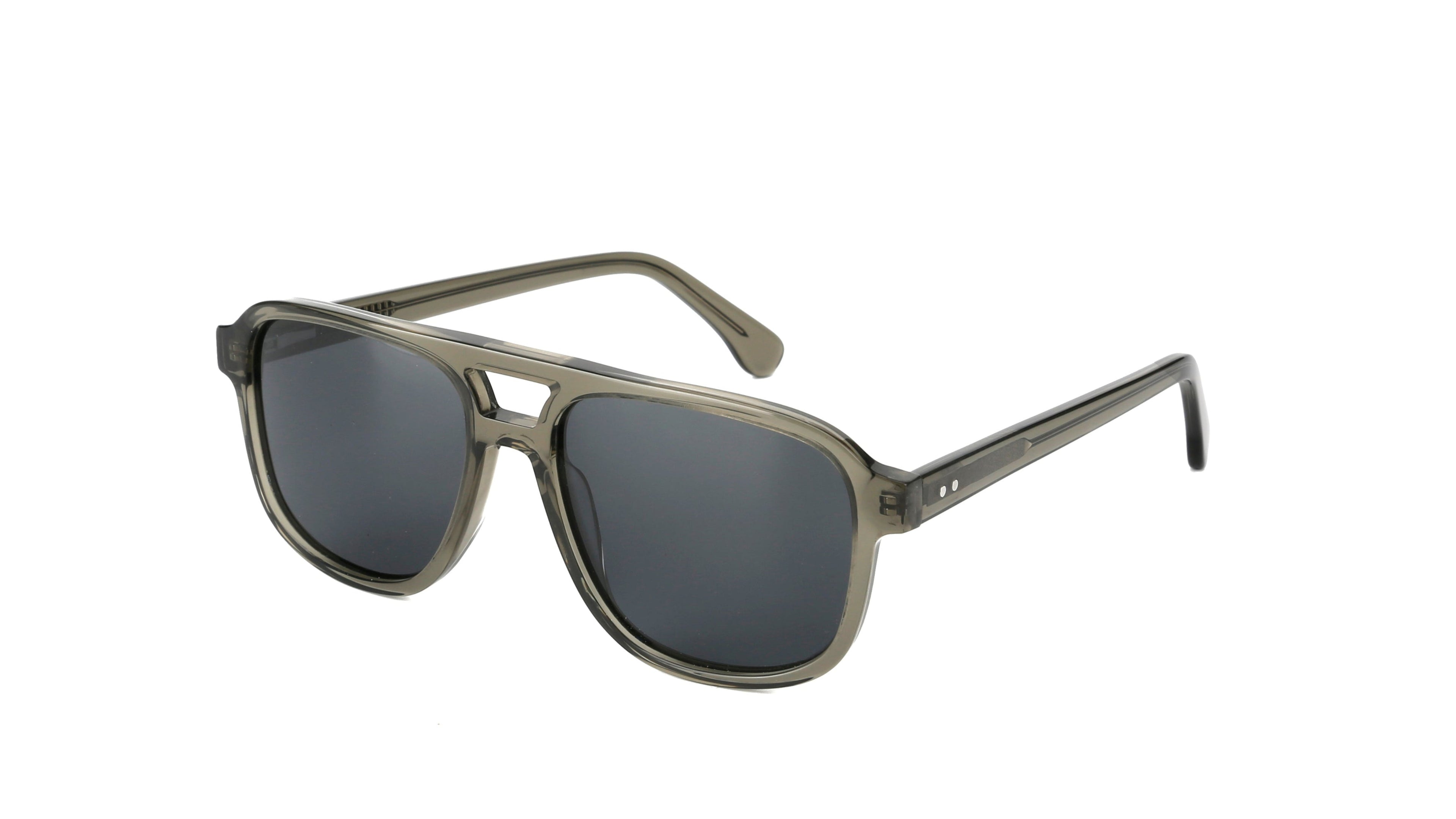 A pair of aviator-style sunglasses with a translucent olive green acetate frame and dark gray lenses, shown on a plain white background.